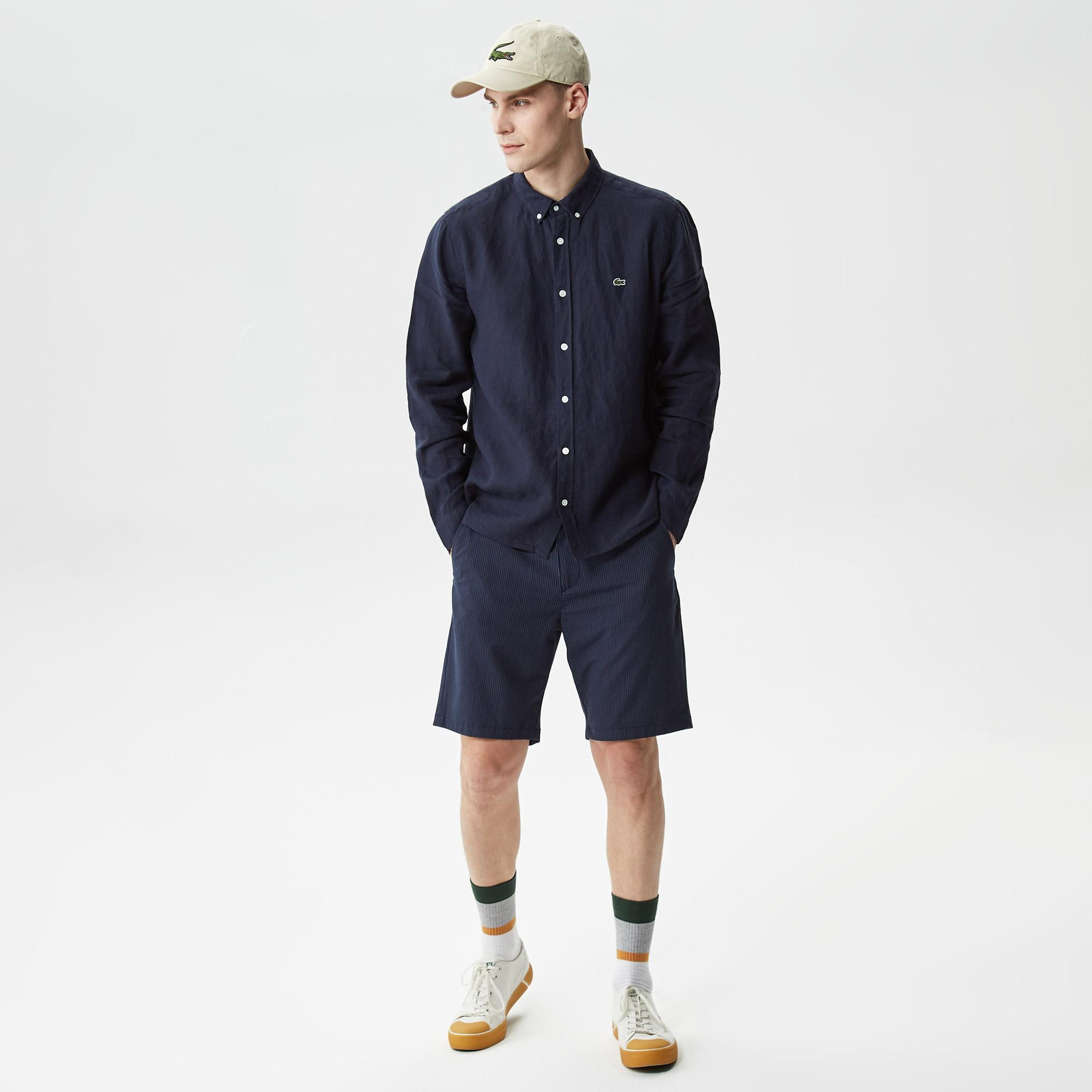 Lacoste Erkek Regular Fit Düğmeli Yaka Keten Lacivert Gömlek