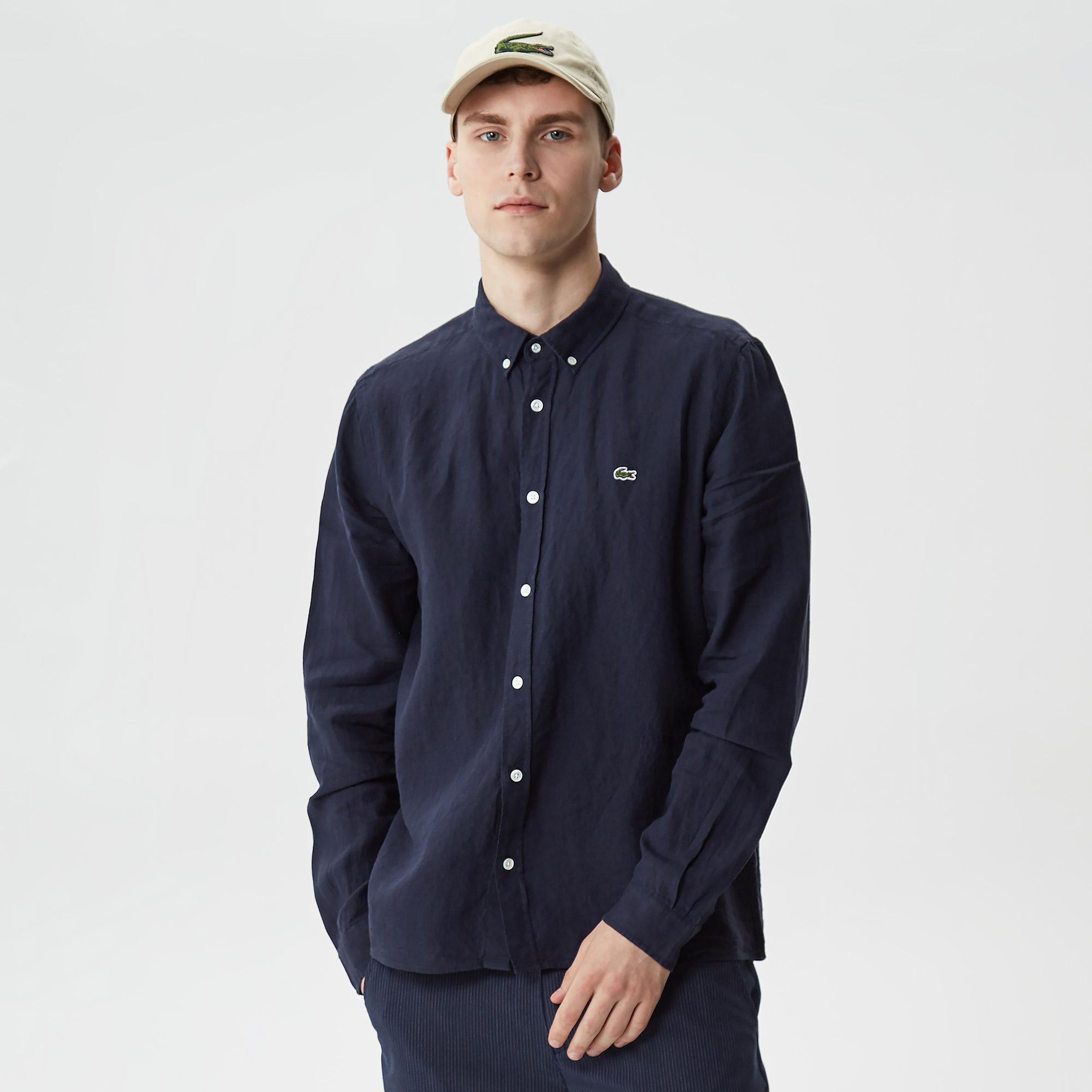 Lacoste Erkek Regular Fit Düğmeli Yaka Keten Lacivert Gömlek