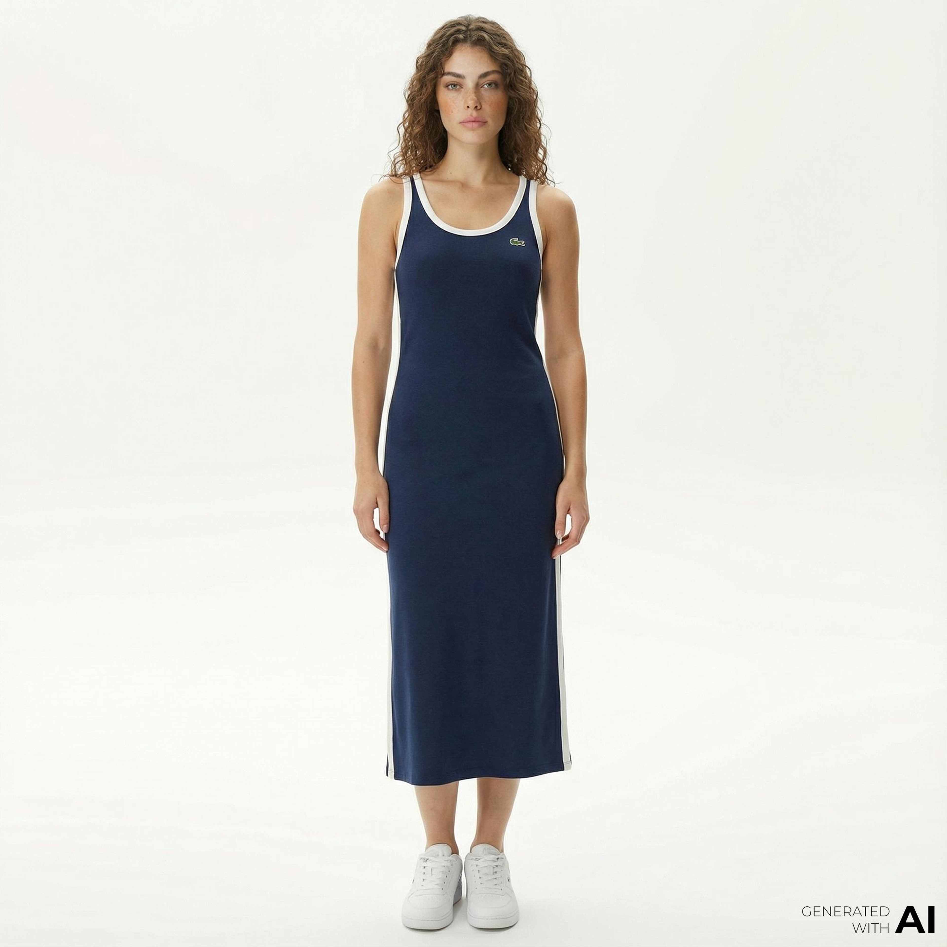 Lacoste Kadın Slim Fit Kolsuz Bisiklet Yaka Renk Bloklu Lacivert Elbise