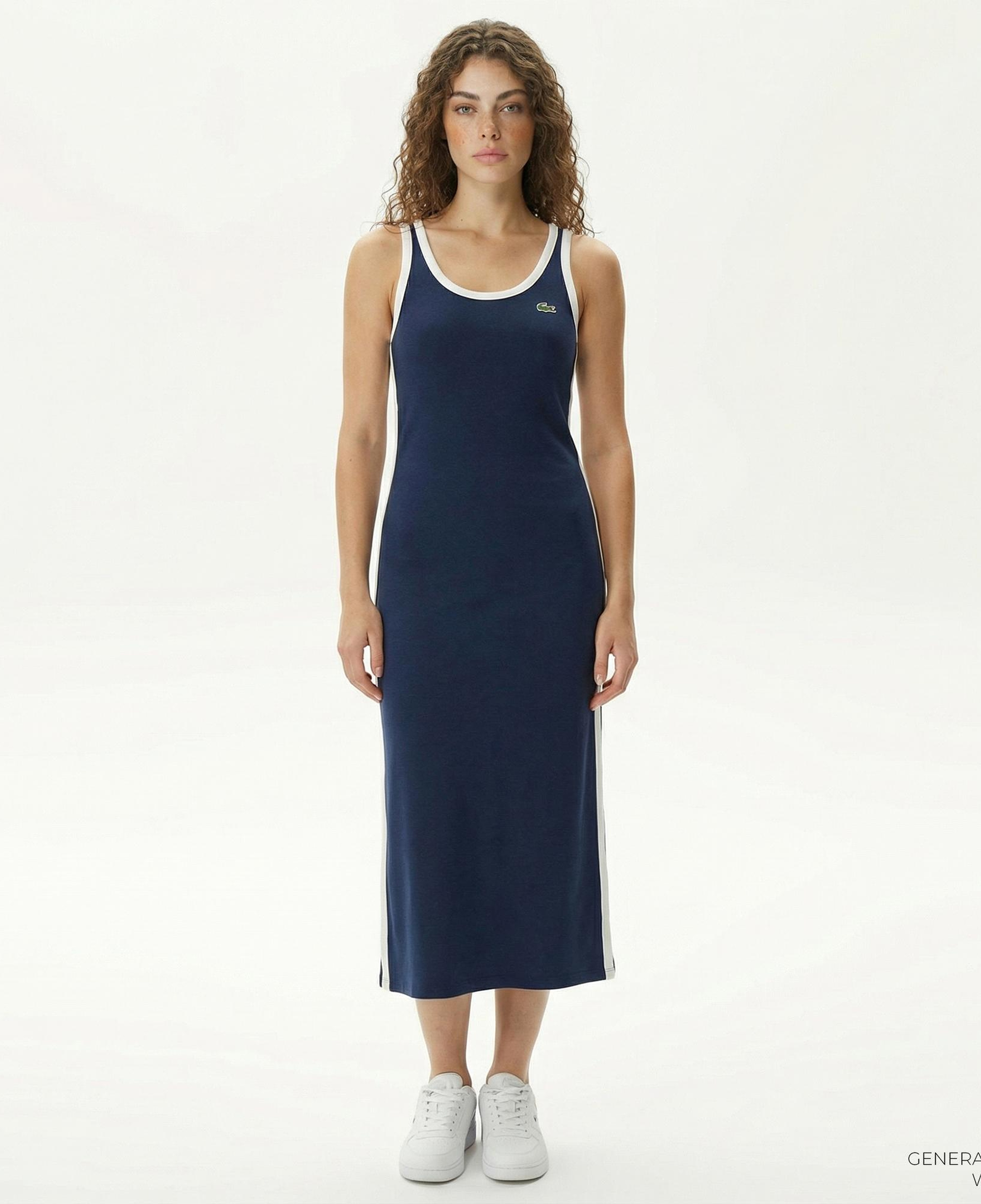 Lacoste Kadın Slim Fit Kolsuz Bisiklet Yaka Renk Bloklu Lacivert Elbise