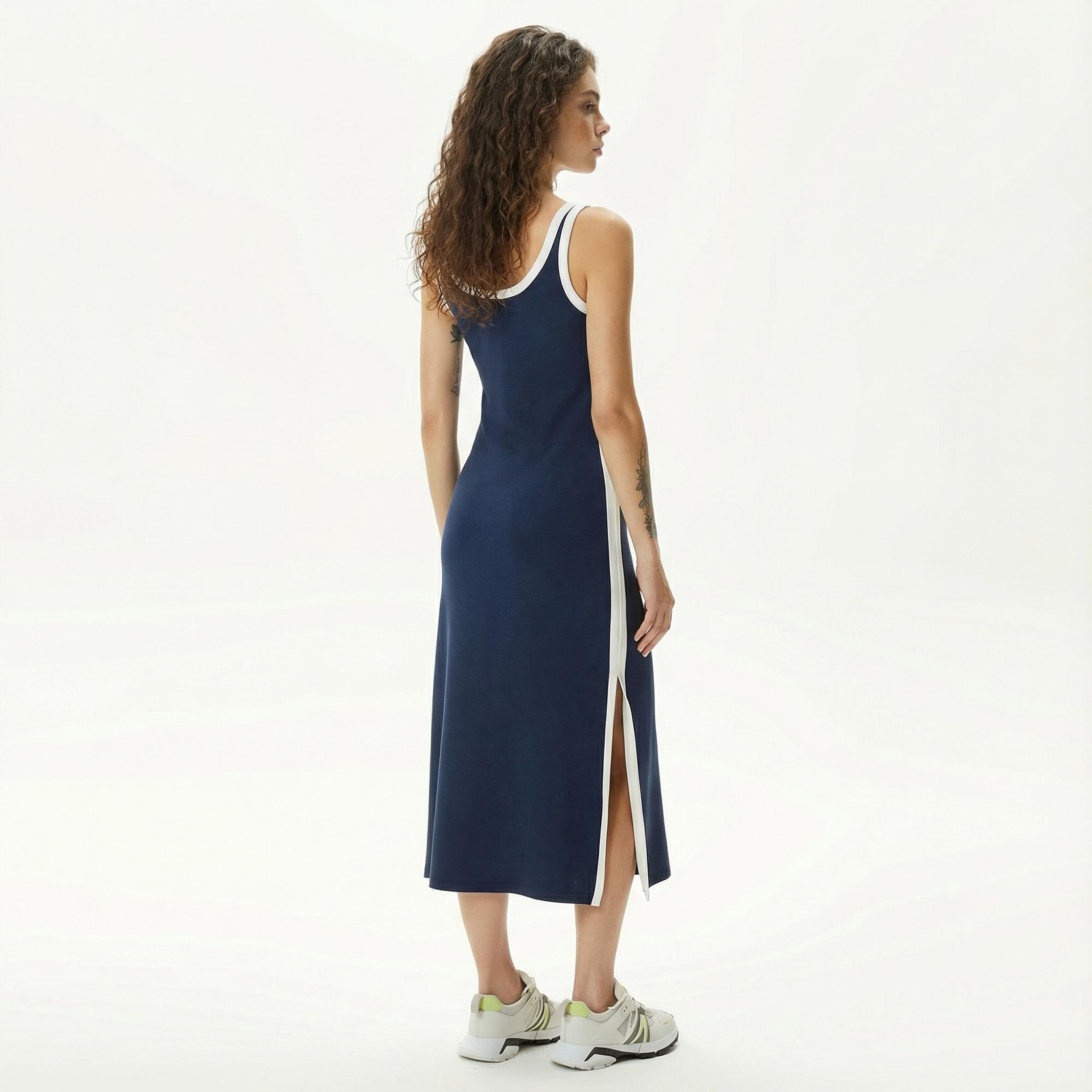 Lacoste Kadın Slim Fit Kolsuz Bisiklet Yaka Renk Bloklu Lacivert Elbise