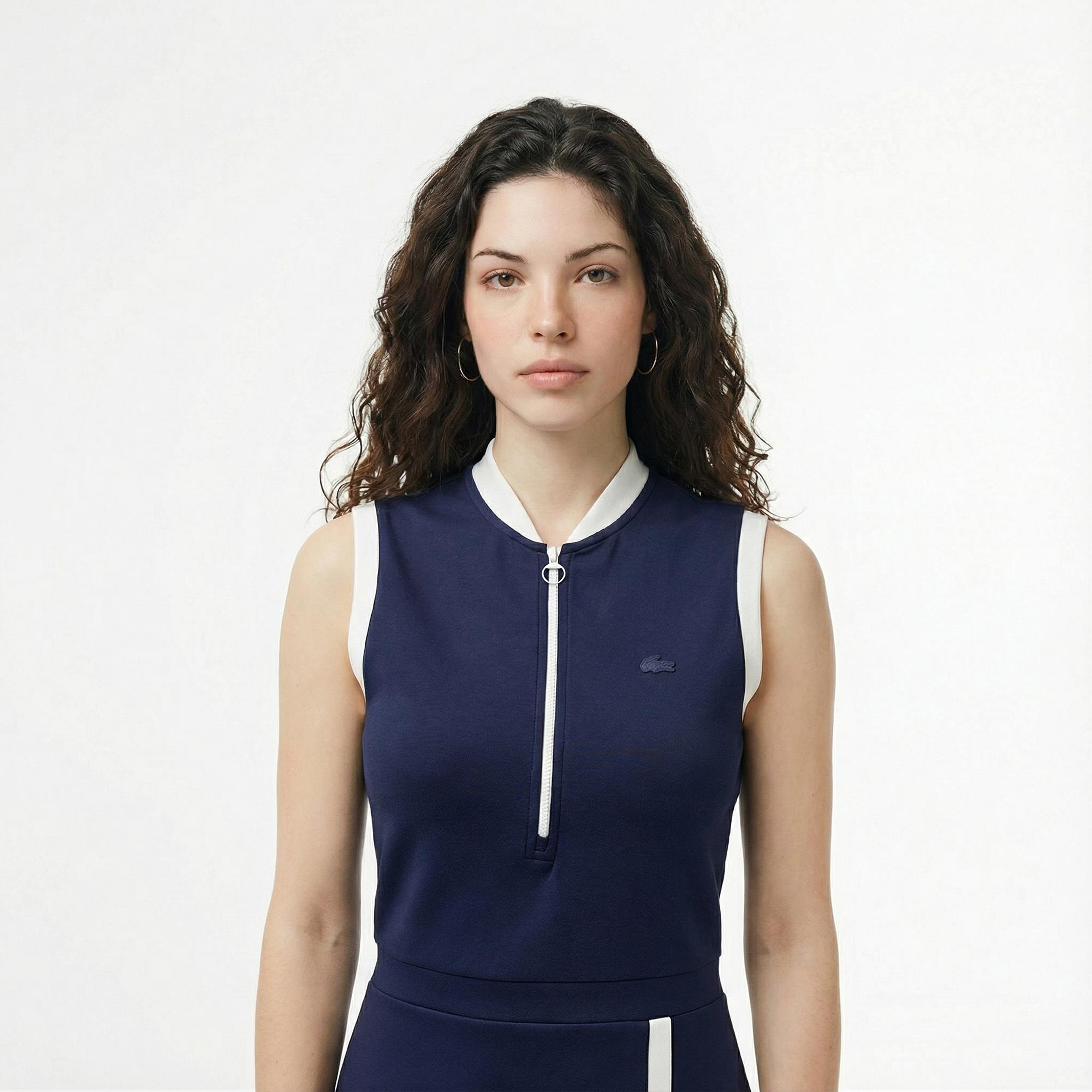 Lacoste Kadın Regular Fit Kolsuz Yarım Fermuarlı Renk Bloklu Lacivert Elbise