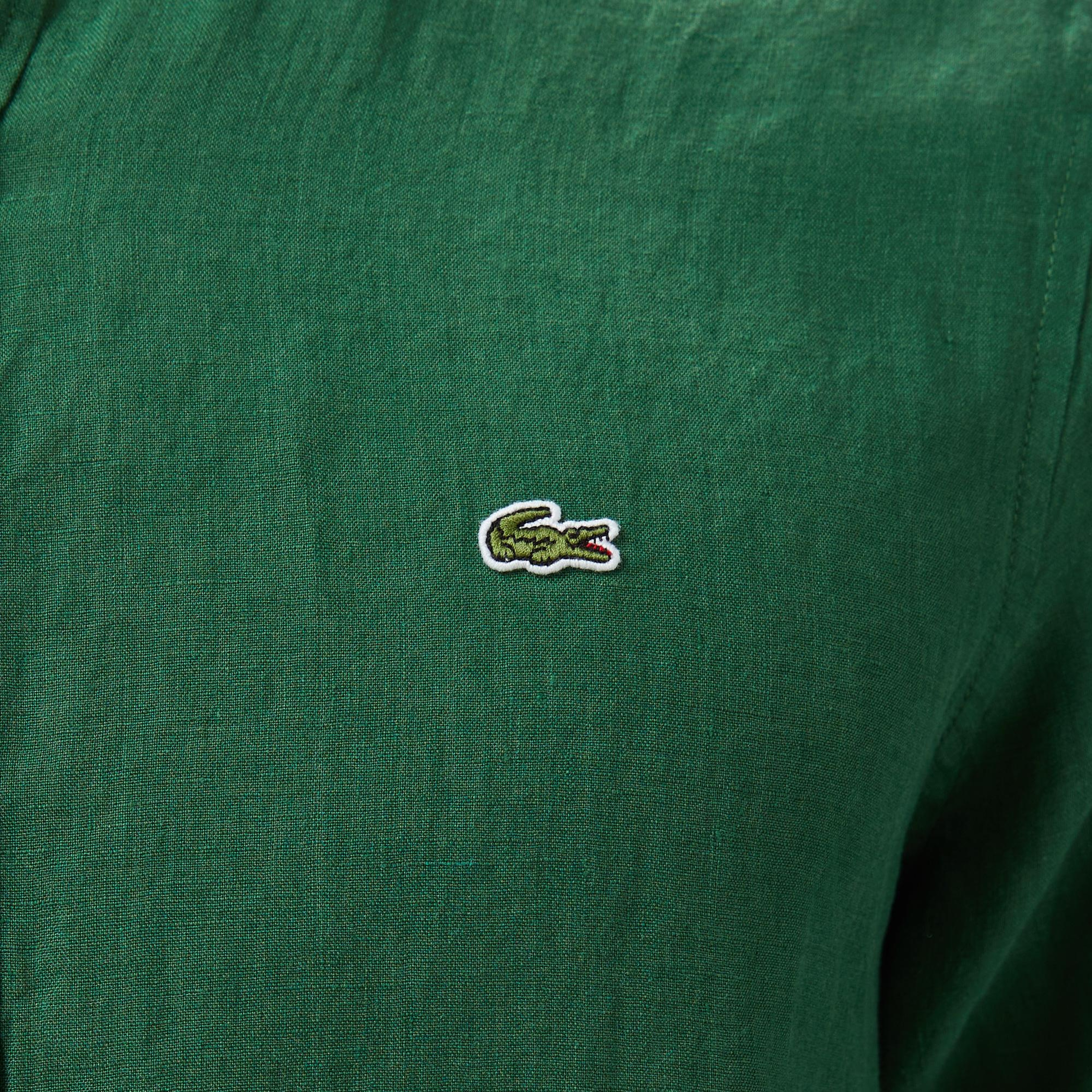 Lacoste Erkek Regular Fit Düğmeli Yaka Keten Koyu Yeşil Gömlek