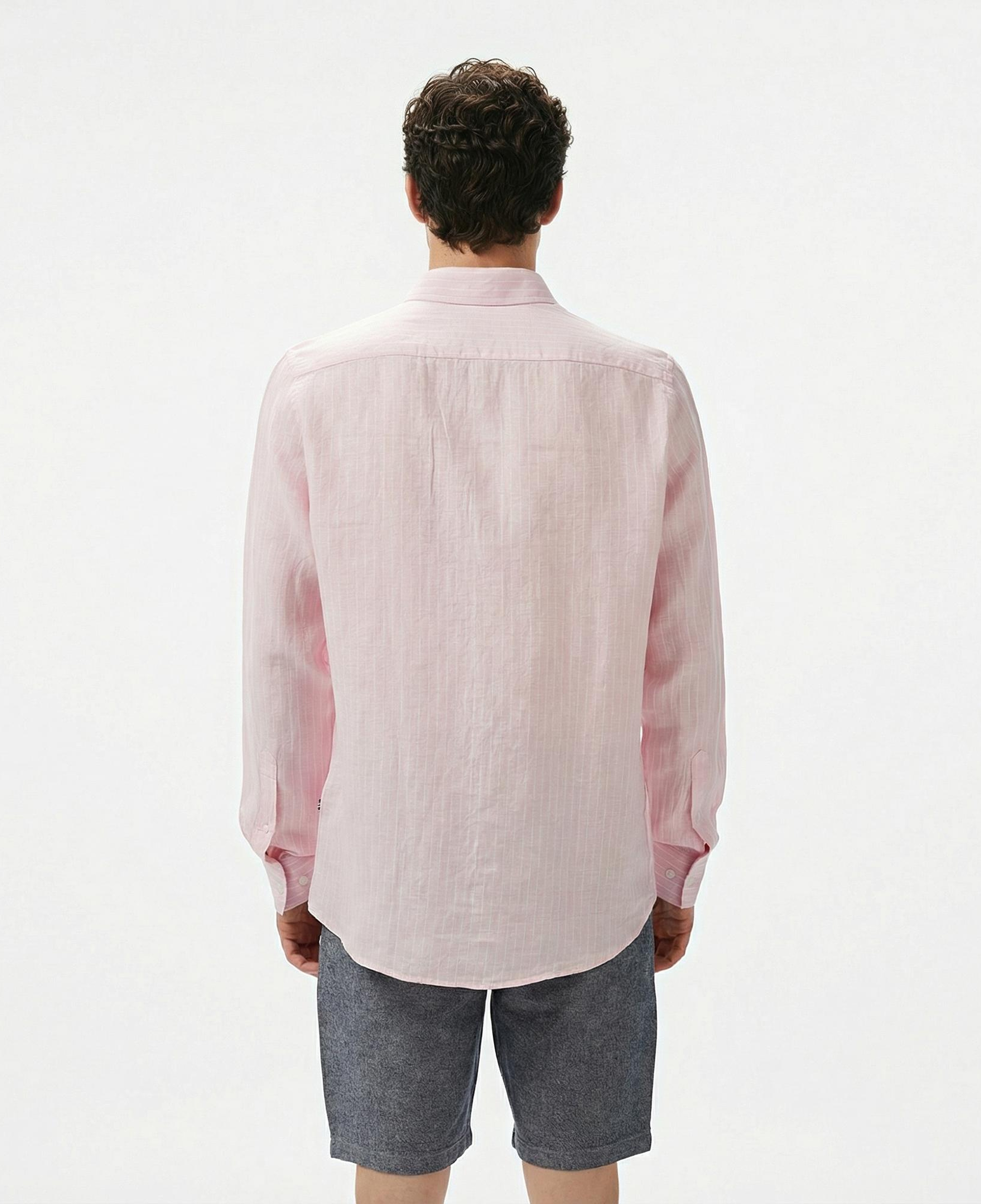 Nautica Erkek Pembe Classic Fit Çizgili Keten Gömlek