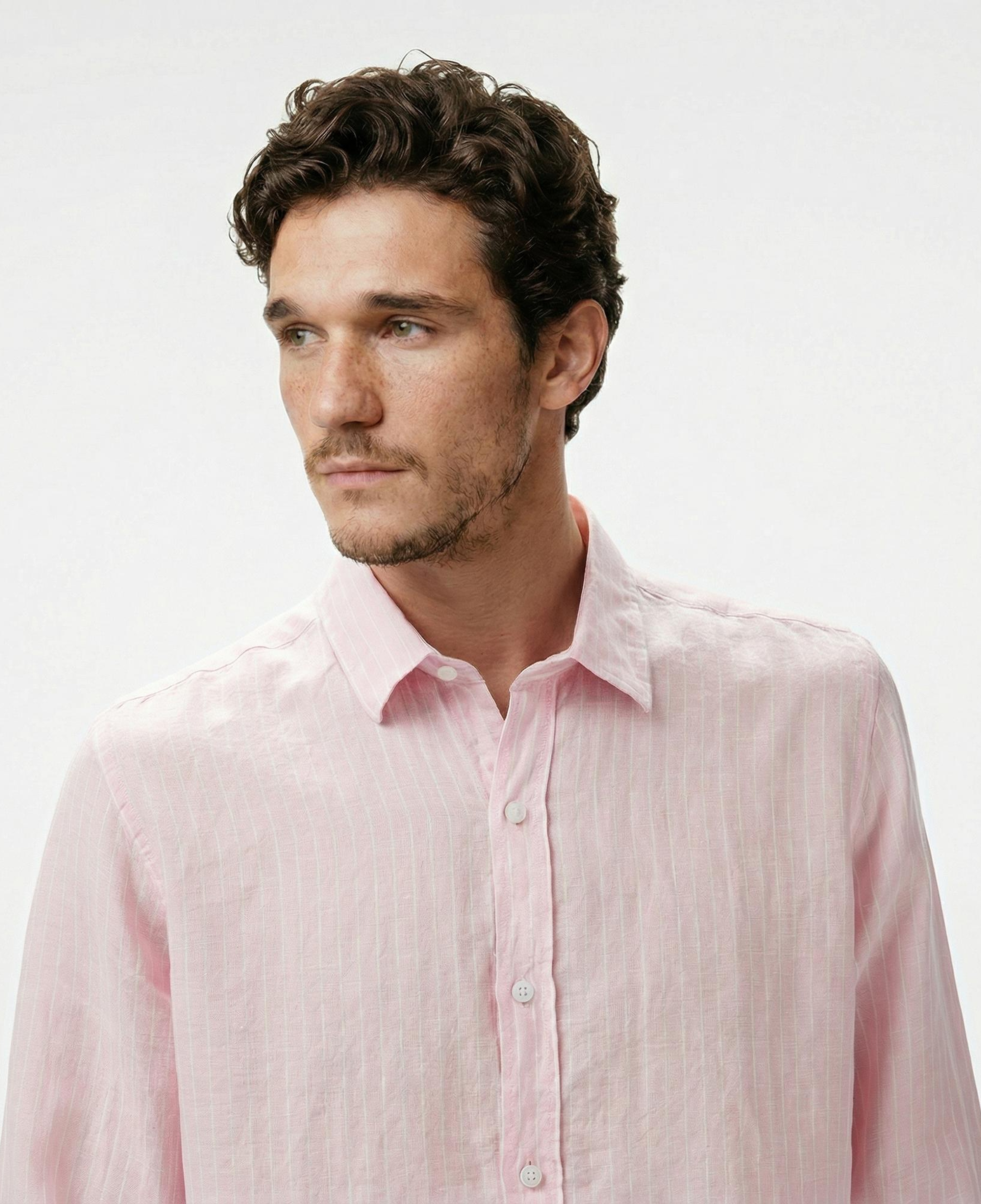 Nautica Erkek Pembe Classic Fit Çizgili Keten Gömlek