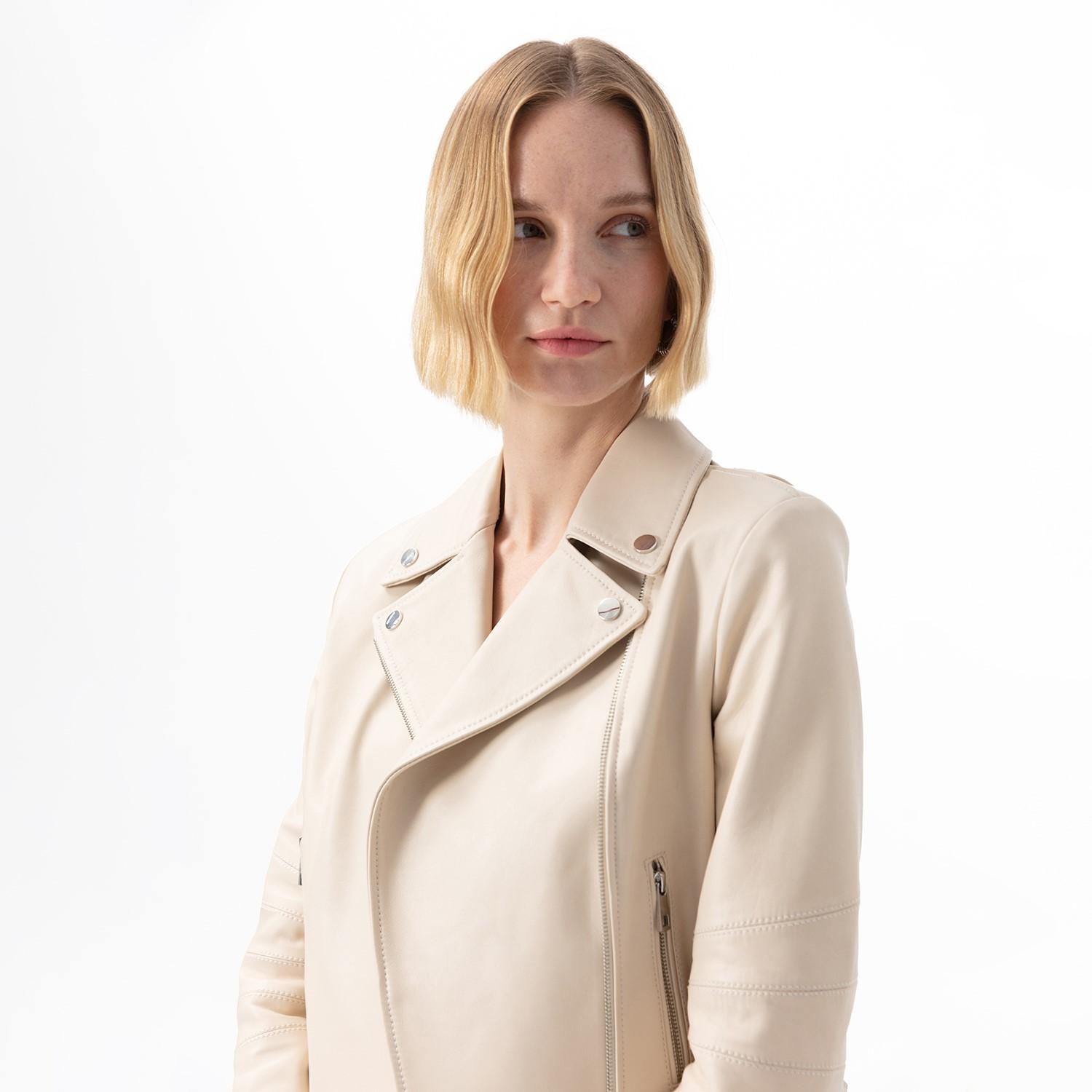 Adsilla Krem Kadın Deri Biker Ceket