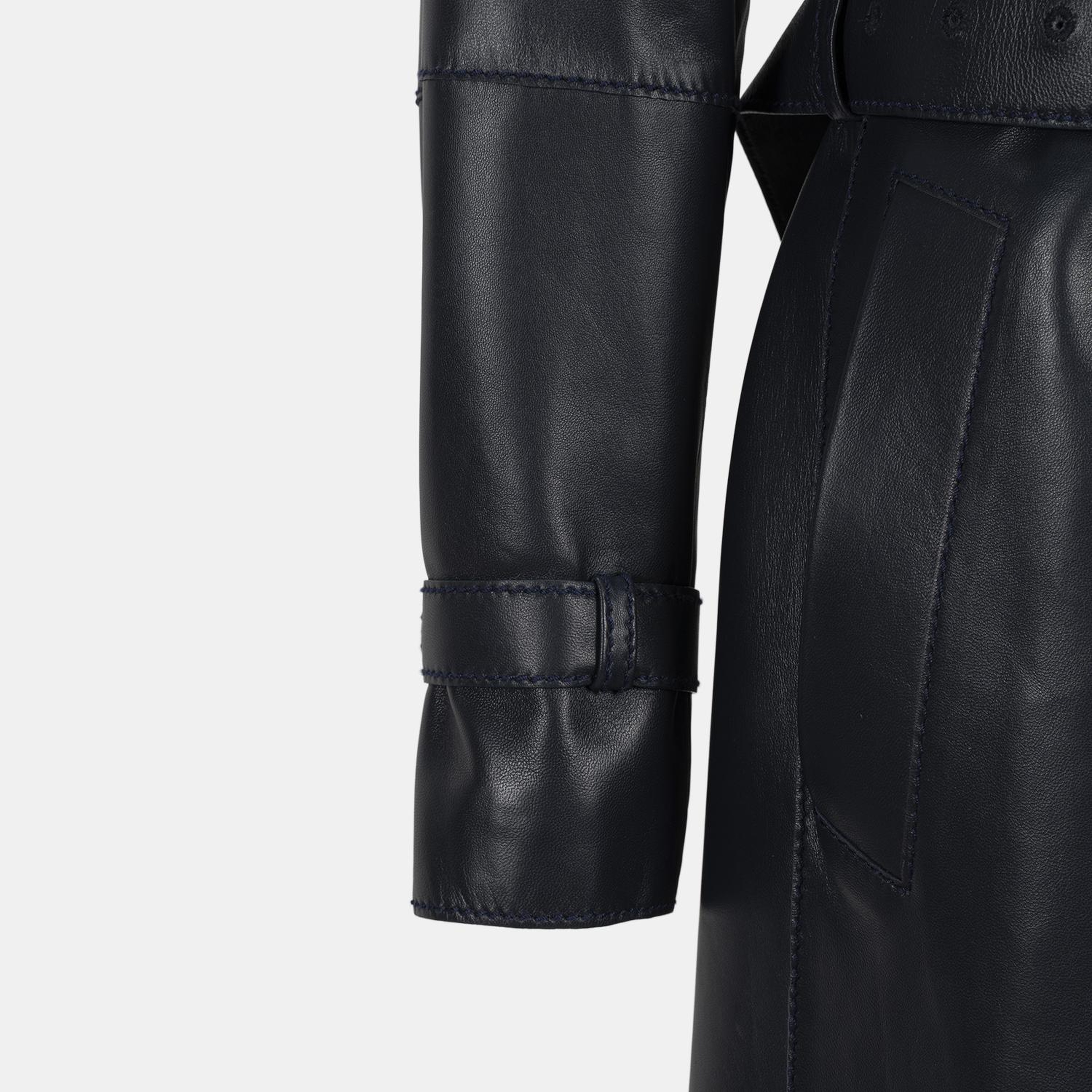 Erkek Lacivert Kruvaze Kapamalı Deri Trençkot