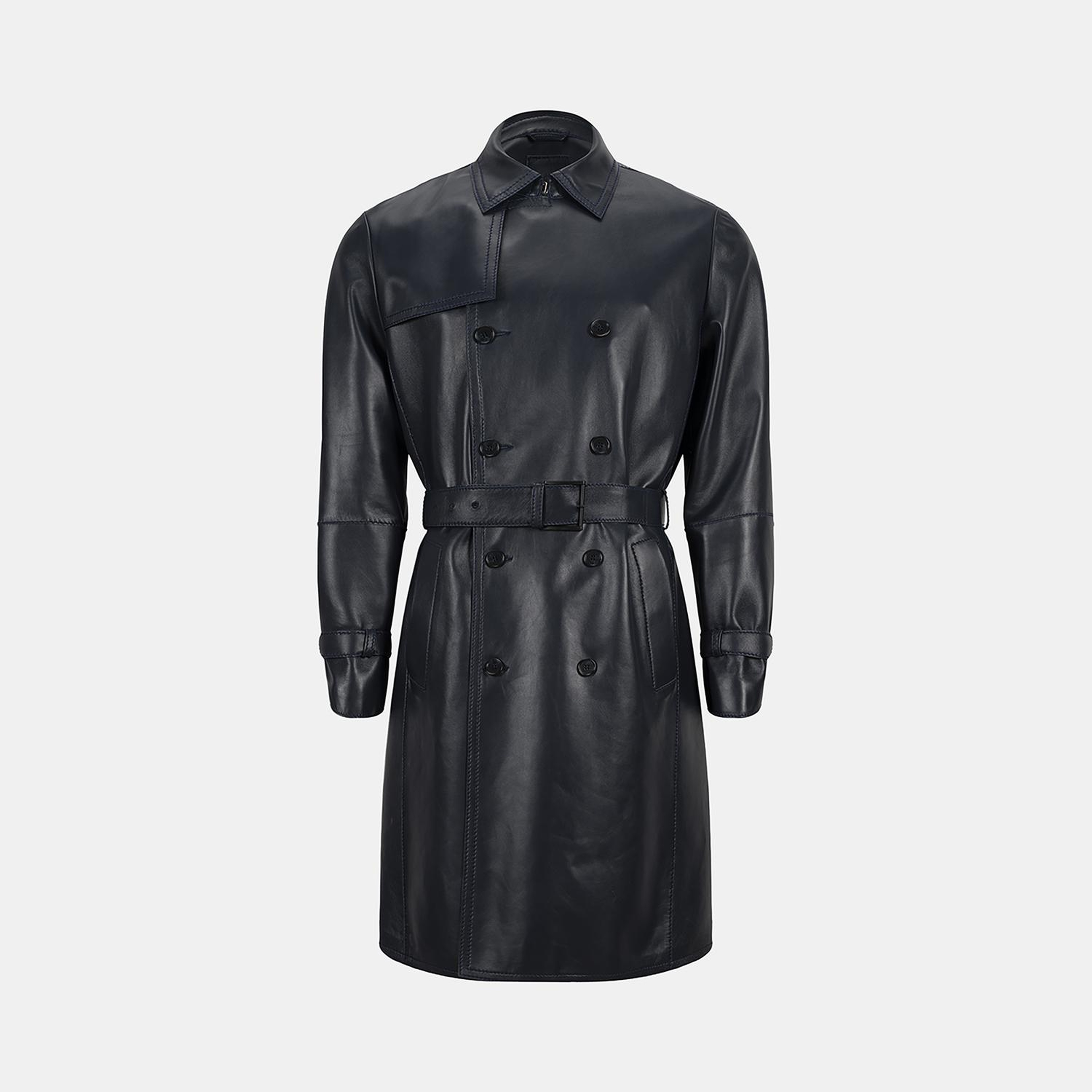 Erkek Lacivert Kruvaze Kapamalı Deri Trençkot