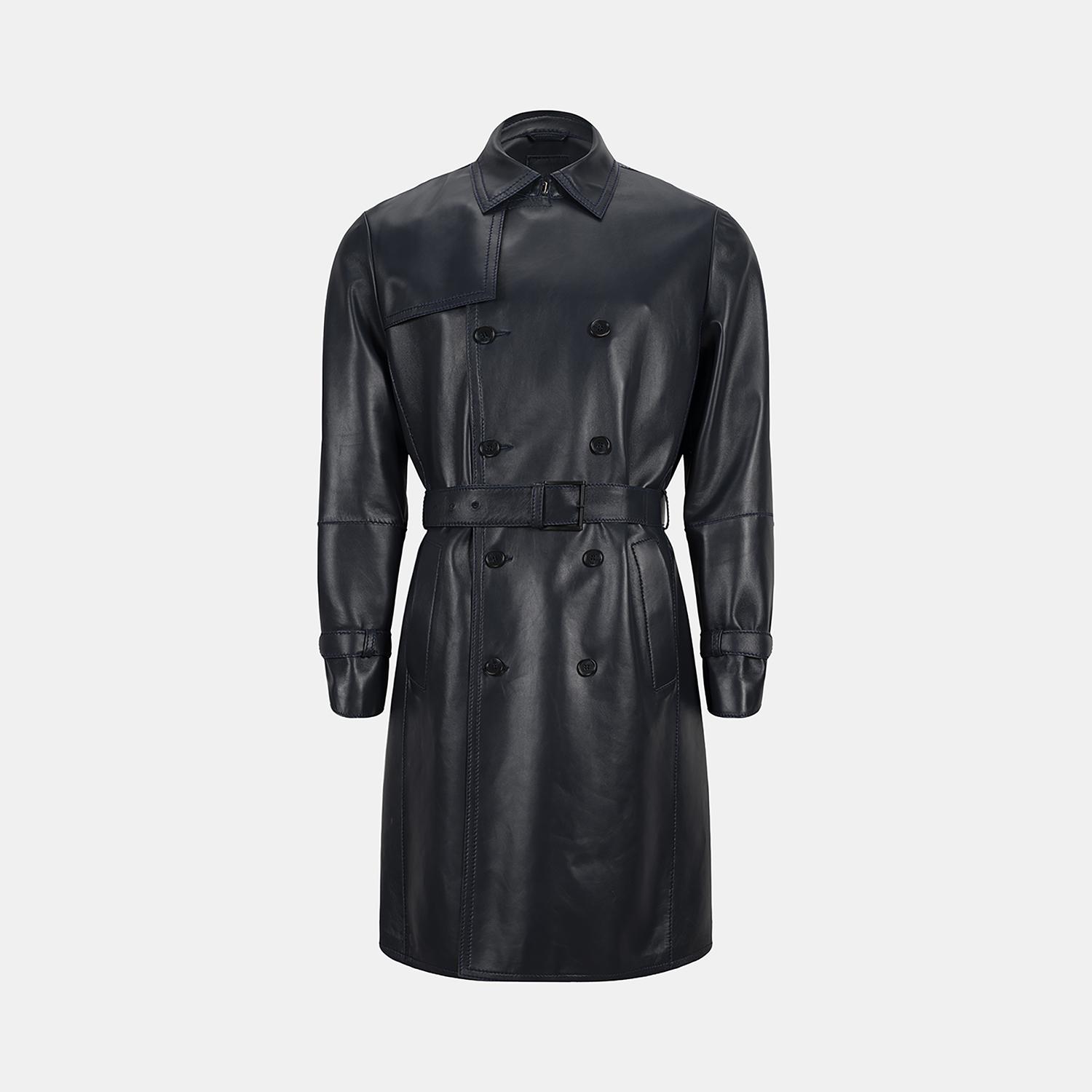 Erkek Lacivert Kruvaze Kapamalı Deri Trençkot