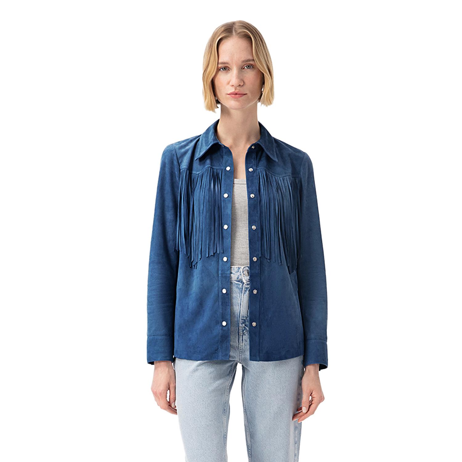 Breahne Mavi Kadın Püsküllü Western Süet Deri Gömlek