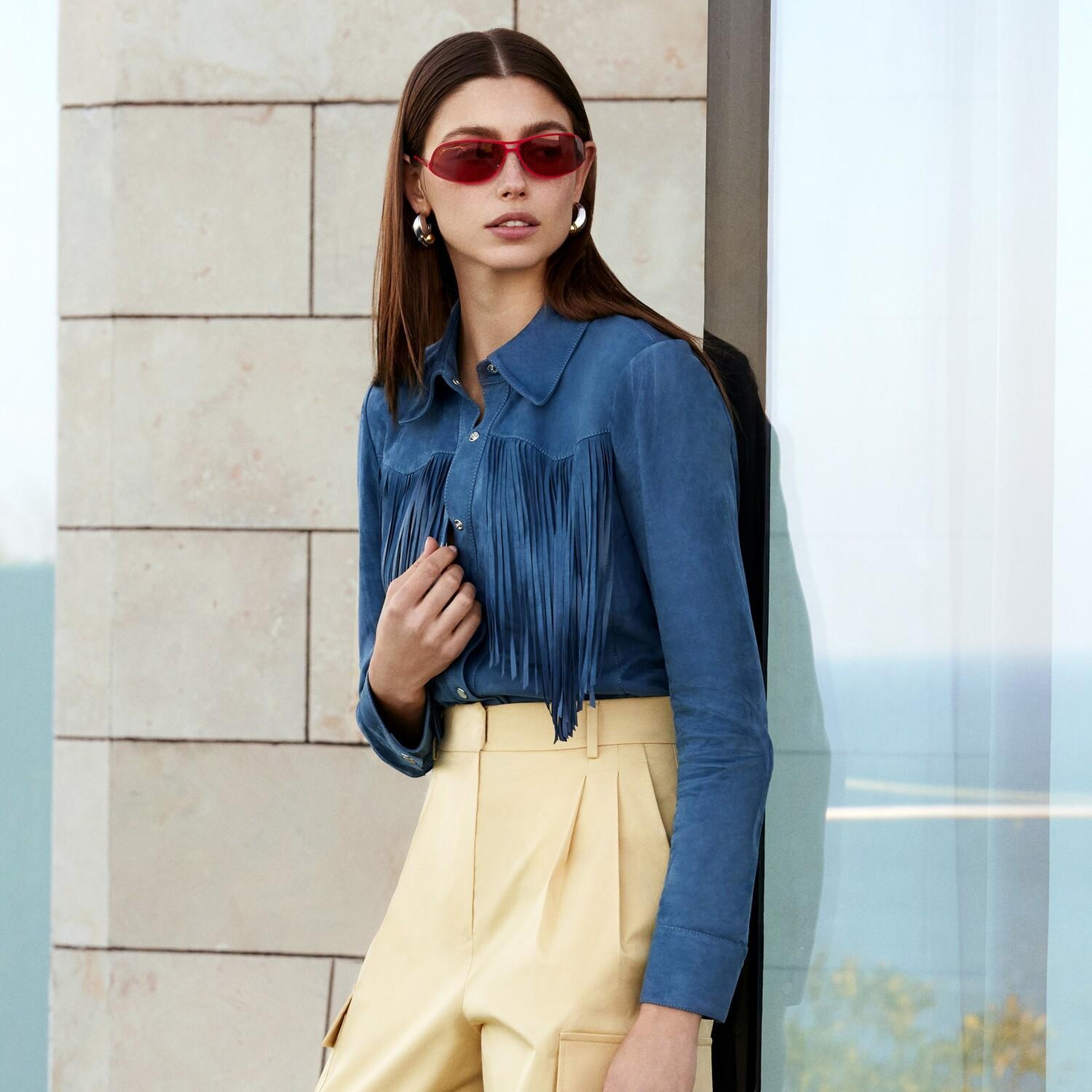 Breahne Mavi Kadın Püsküllü Western Süet Deri Gömlek