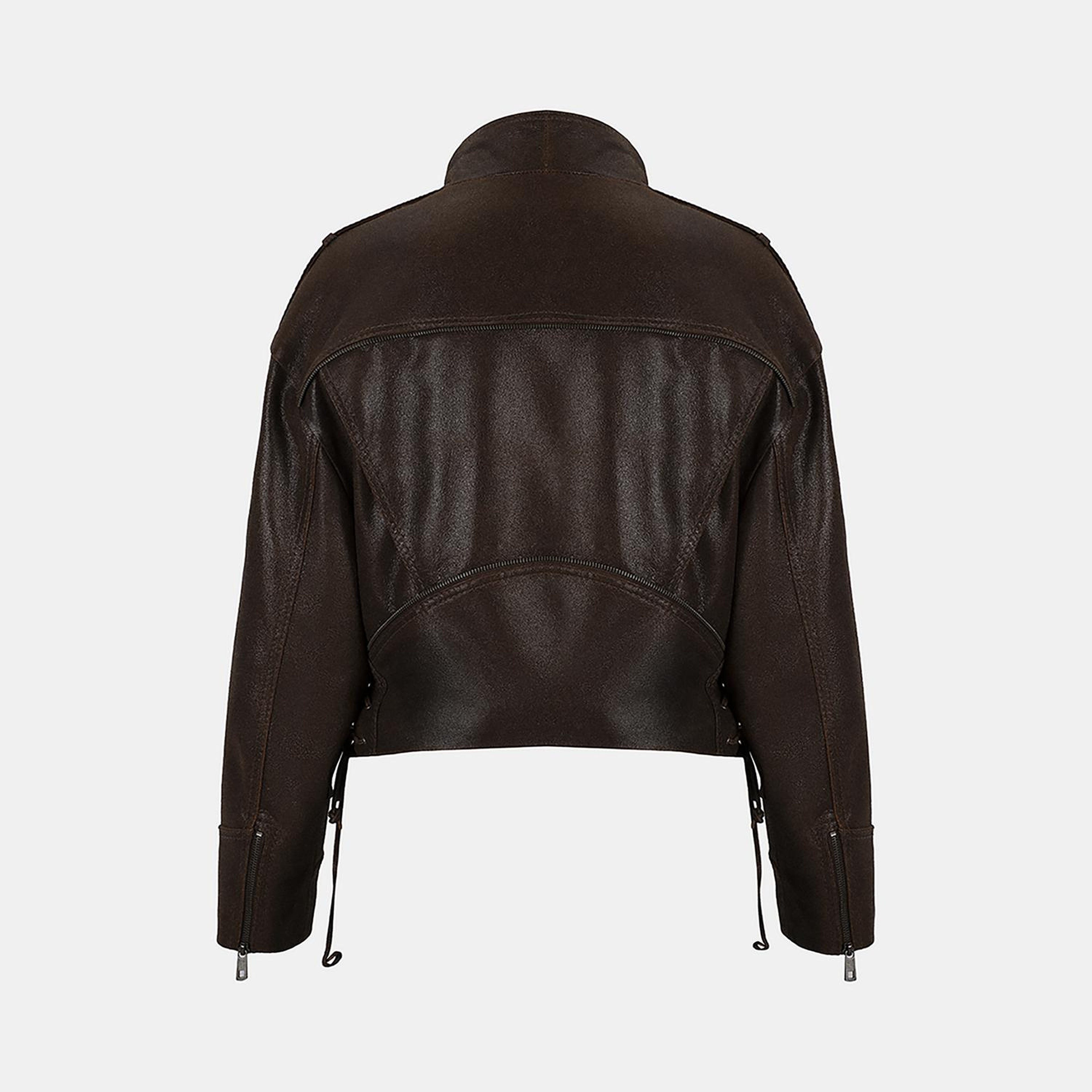Kadın Kahve Oversize Kemerli Biker Deri Ceket