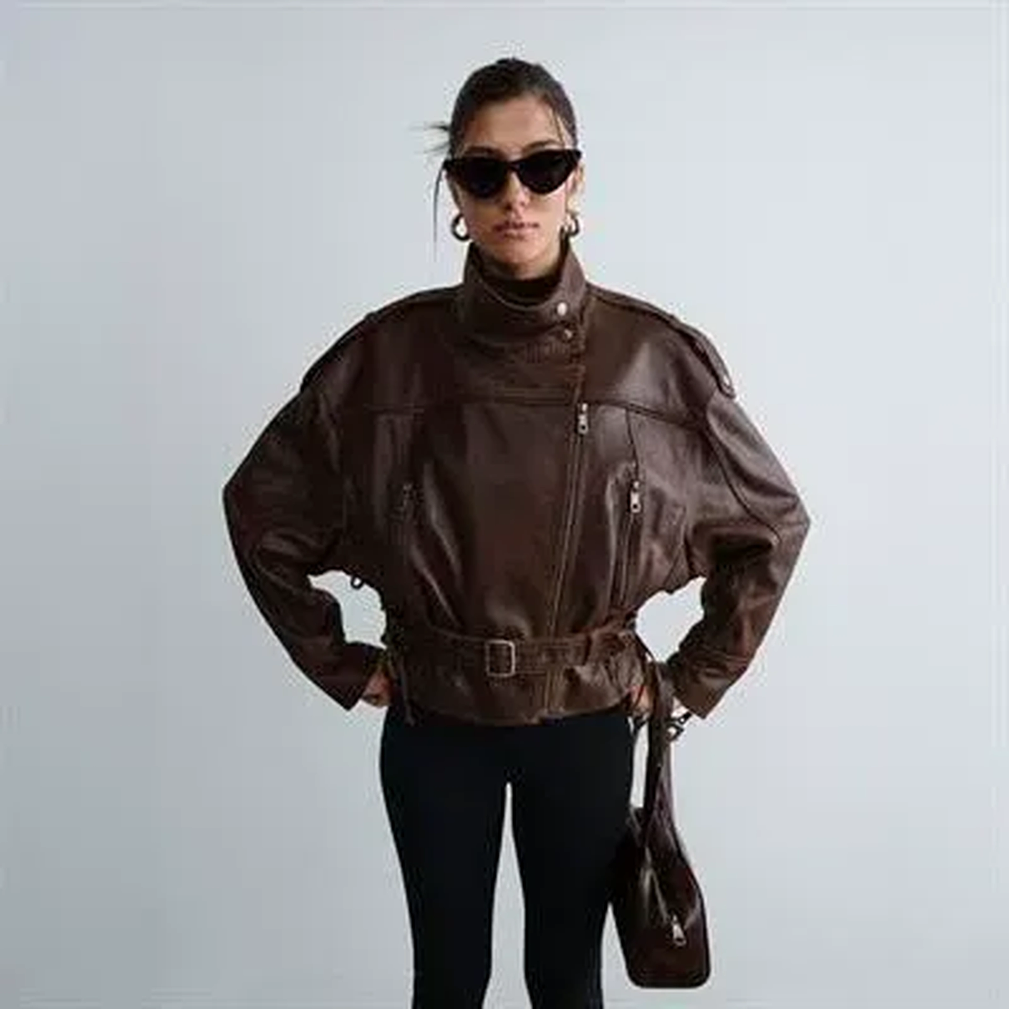 Kadın Kahve Oversize Kemerli Biker Deri Ceket