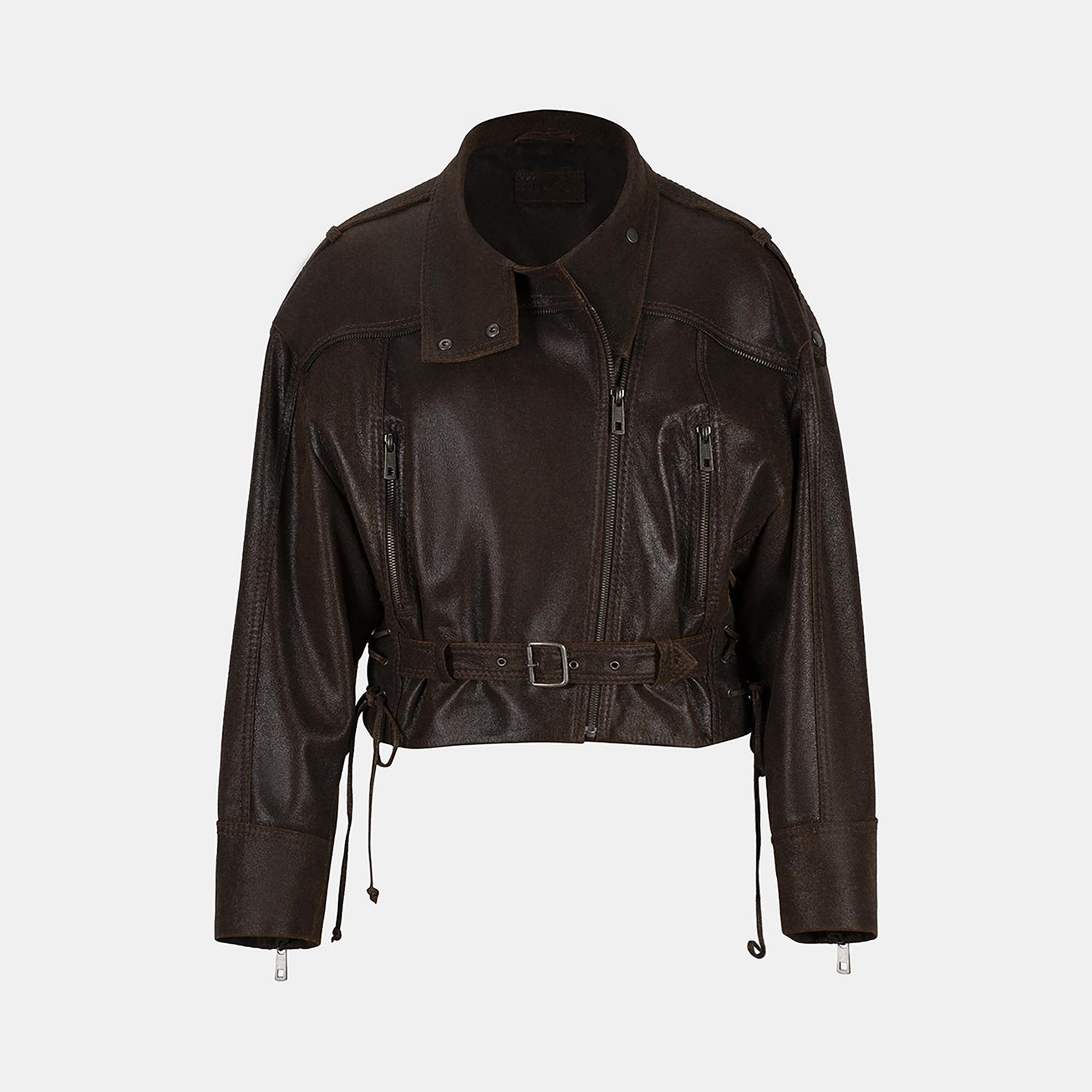 Kadın Kahve Oversize Kemerli Biker Deri Ceket