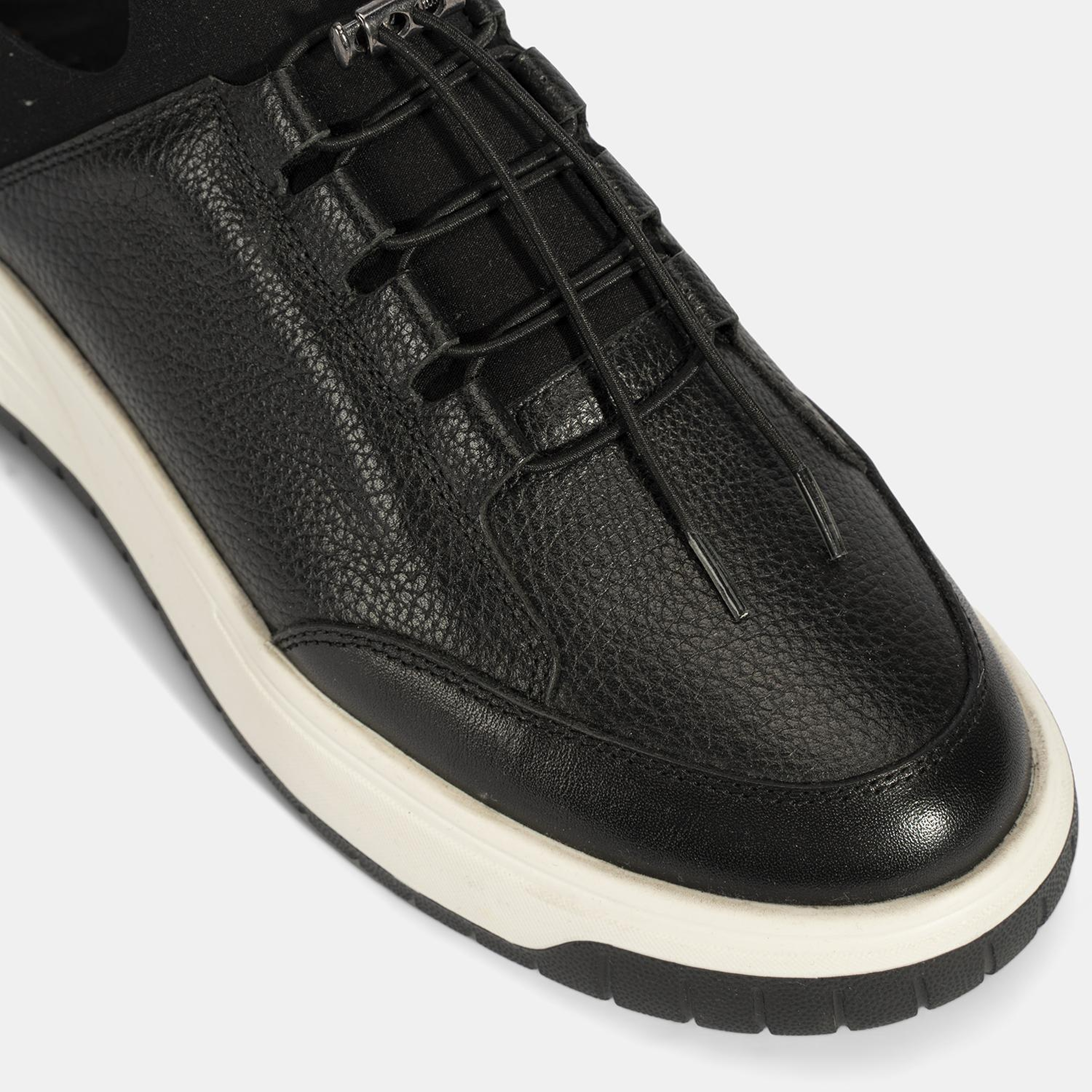 Erkek Siyah Lastik Bağcıklı Deri Sneaker