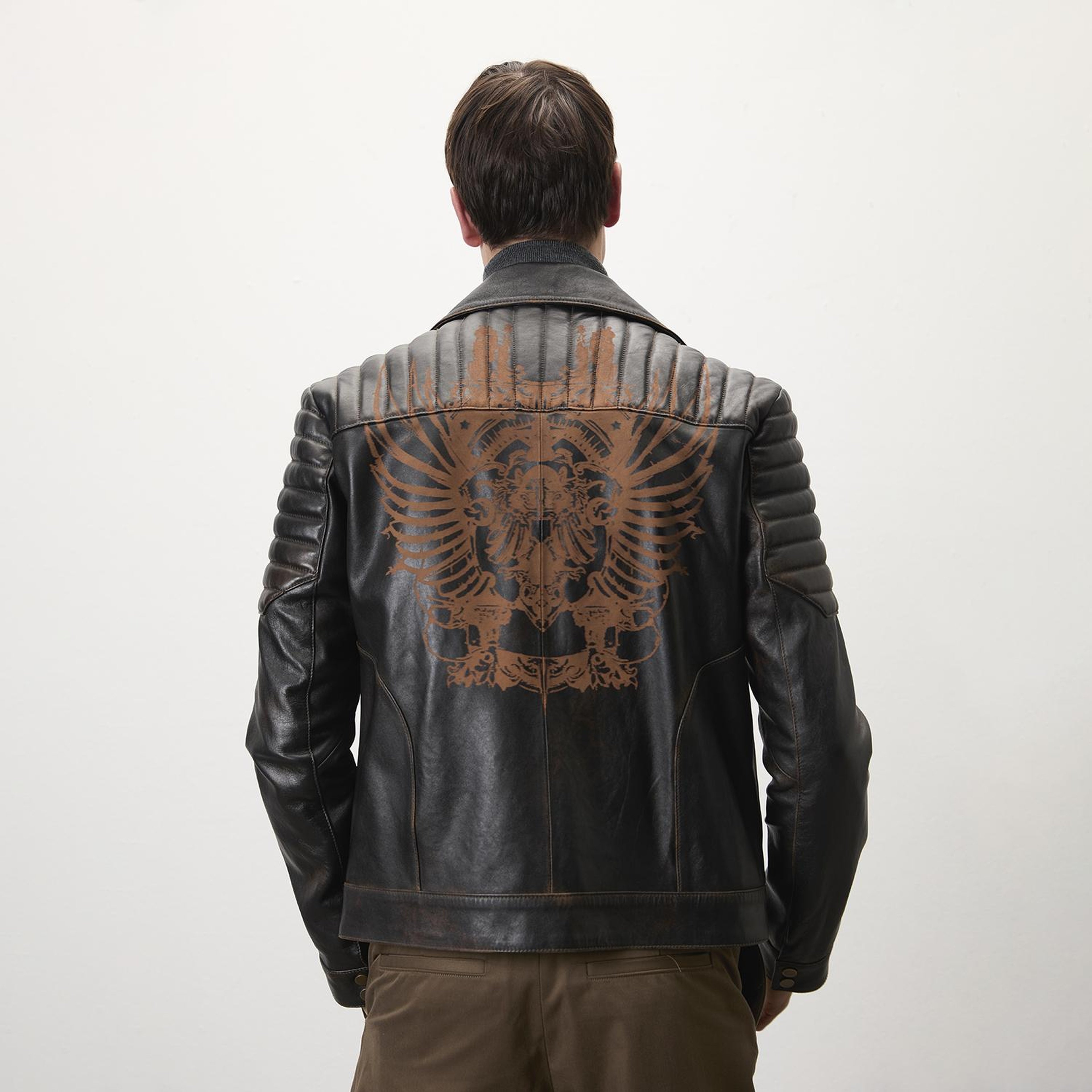 Bill Kahve Erkek Kartallı Vintage Biker Deri Mont