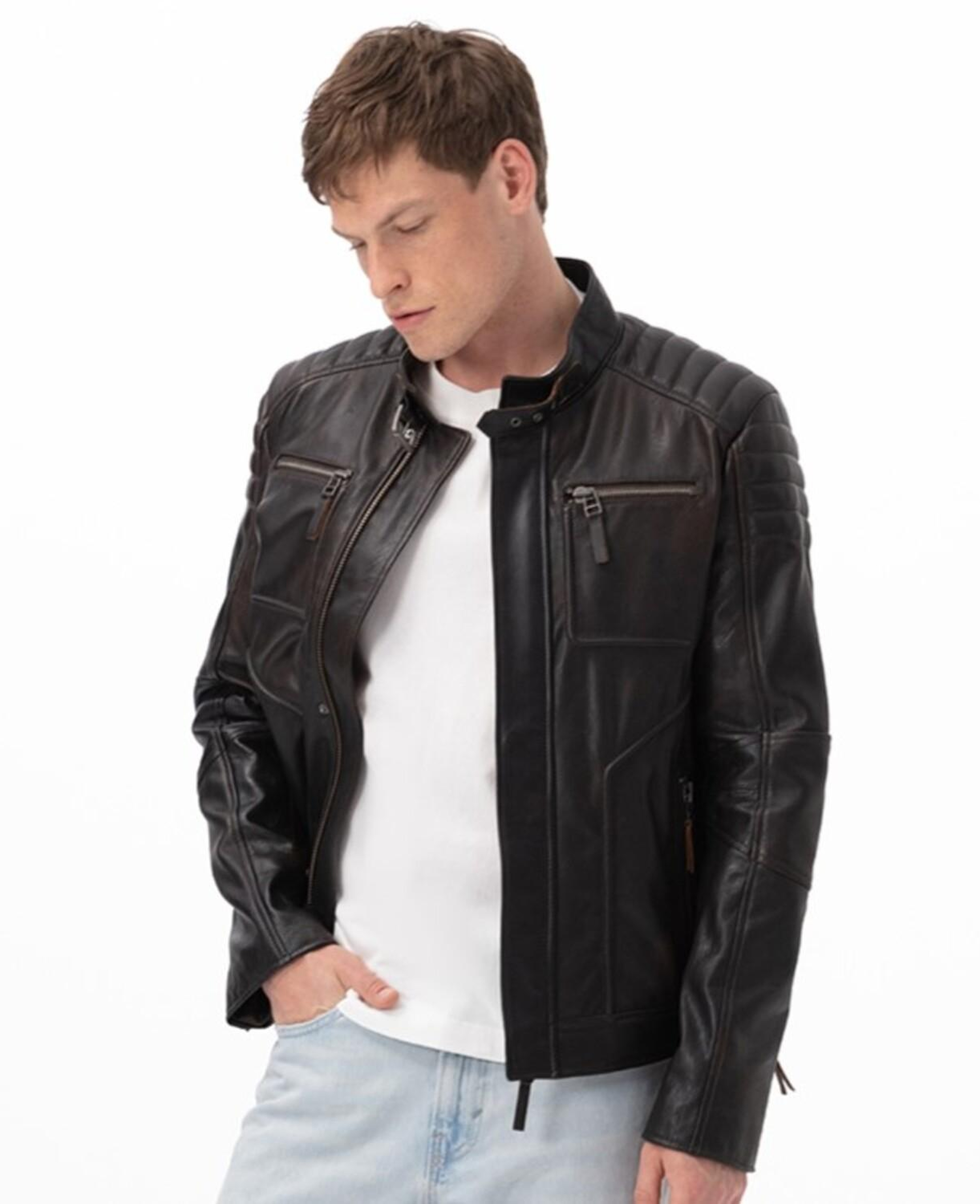 Nancy Vintage Erkek Siyah Deri Mont