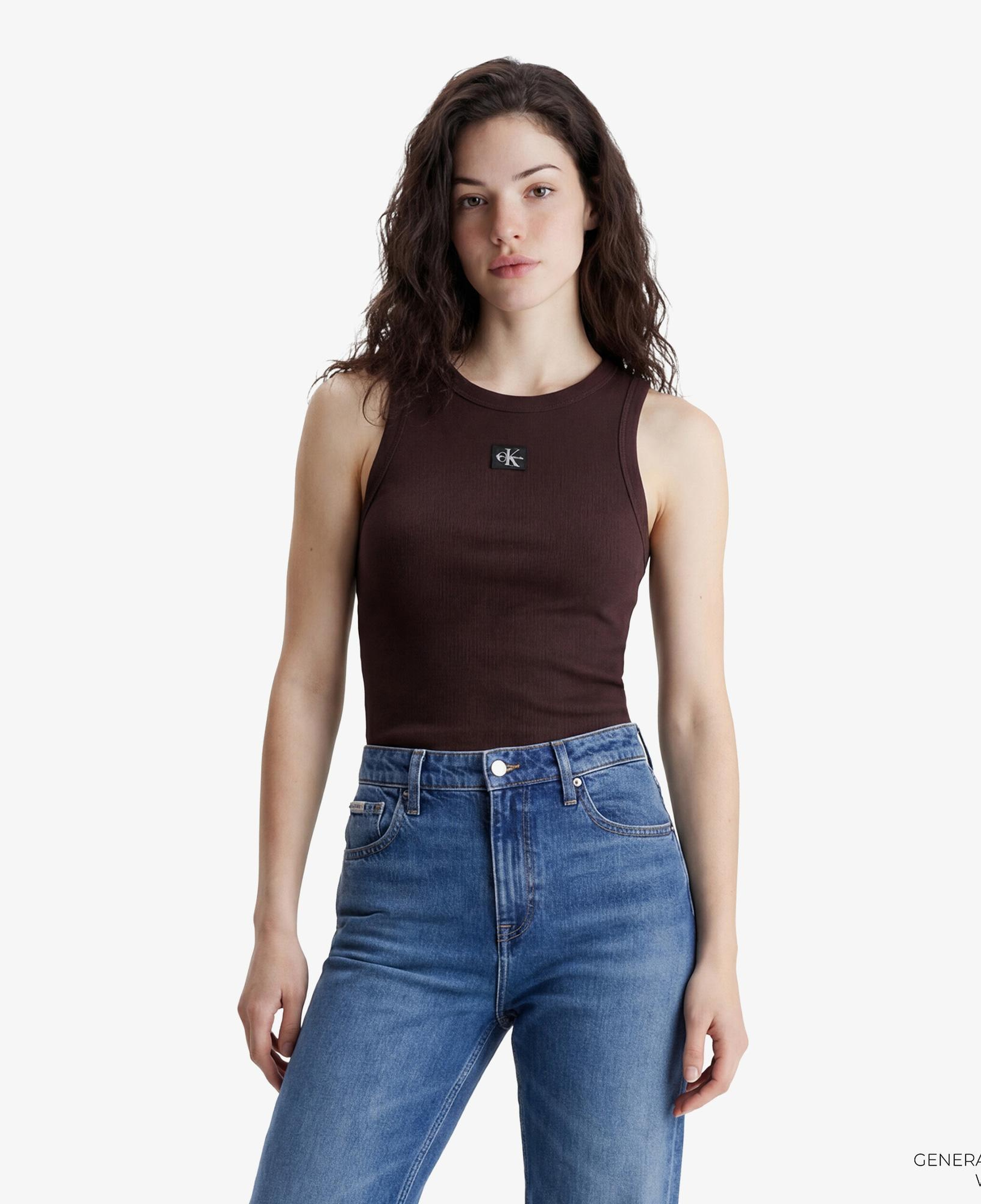 Calvin Klein Woven Label 2X2 Baby Rib Kadın Kahverengi Kolsuz T-Shirt