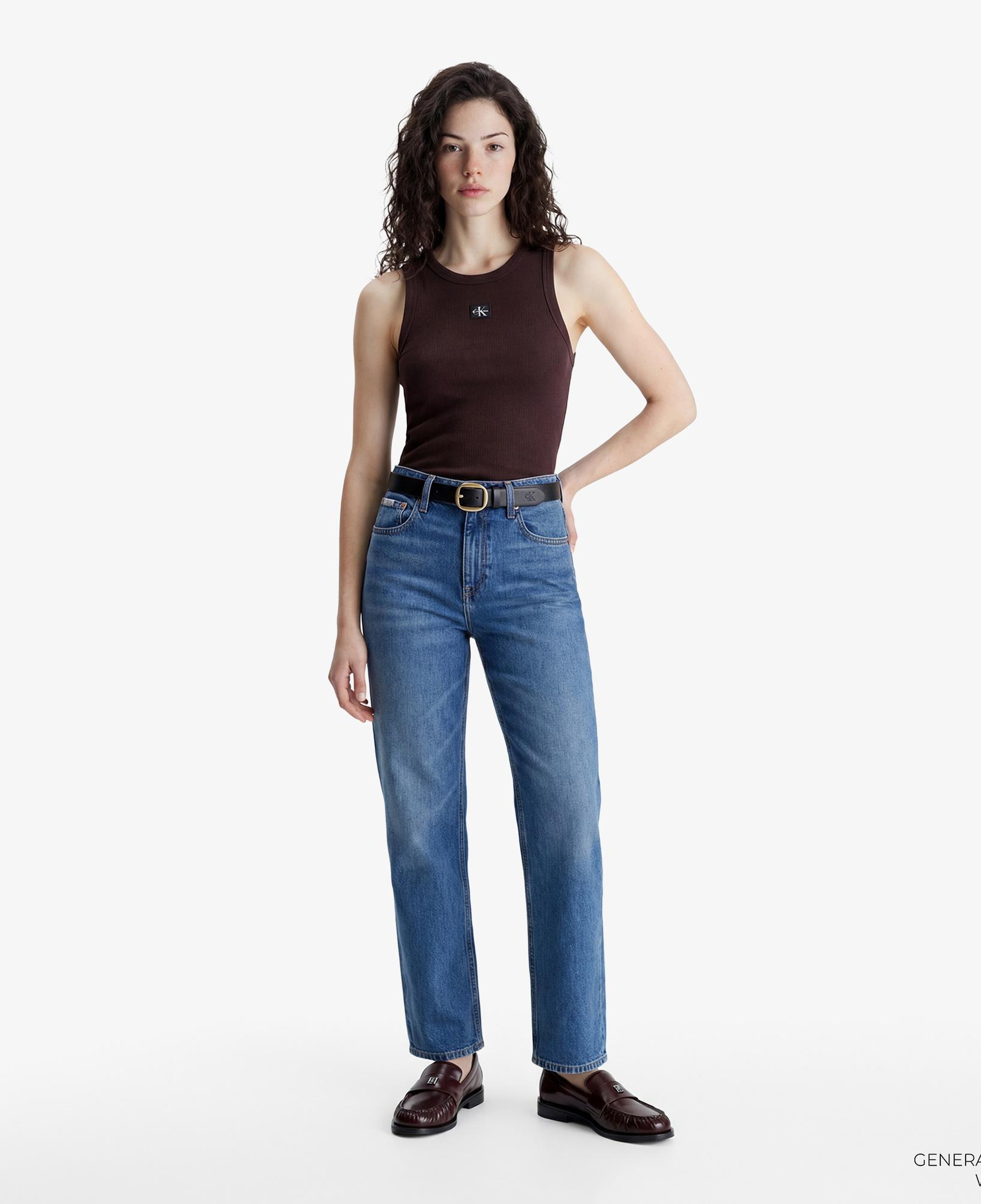 Calvin Klein Woven Label 2X2 Baby Rib Kadın Kahverengi Kolsuz T-Shirt