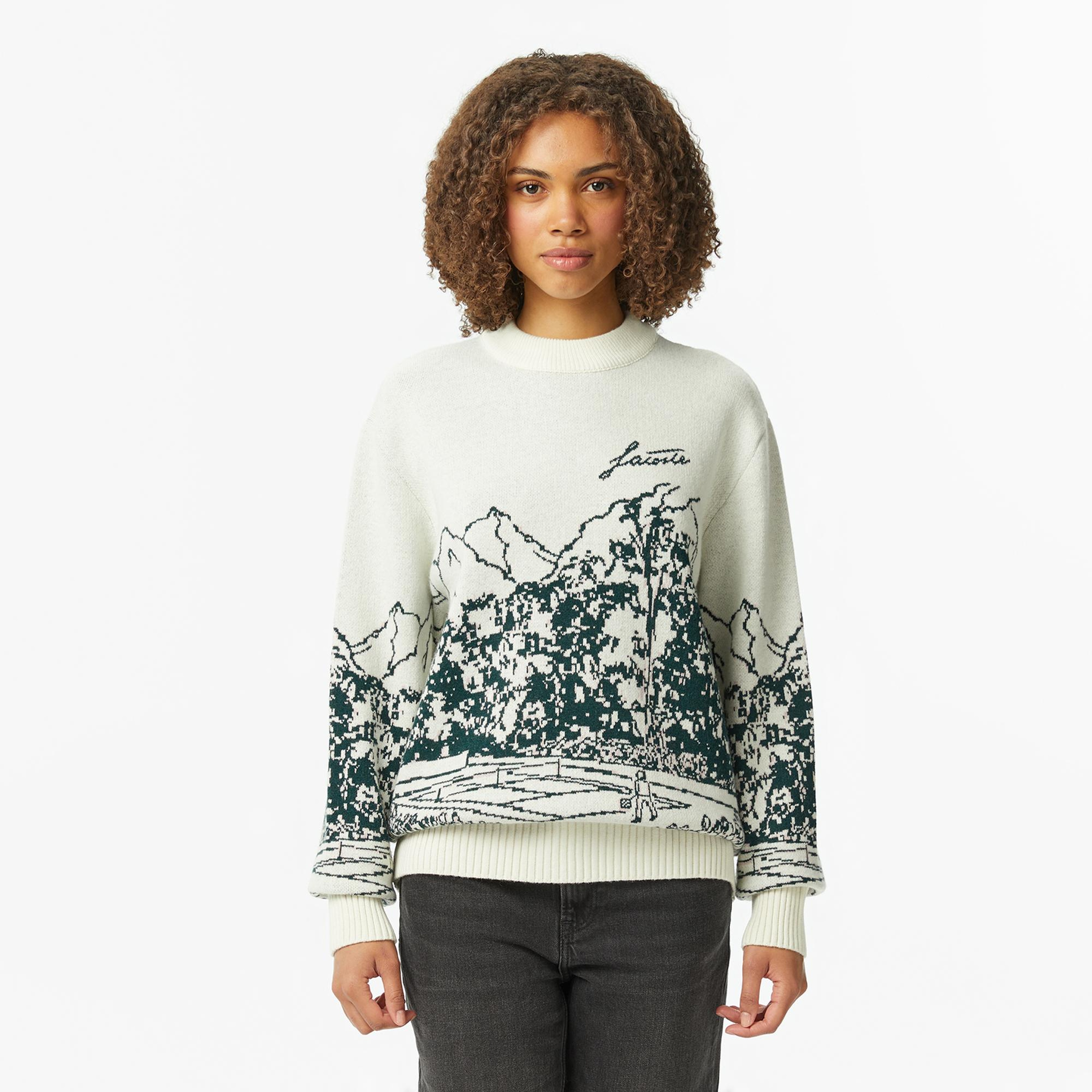 Lacoste Kadın Relaxed Fit Bisiklet Yaka Desenli Krem Kazak