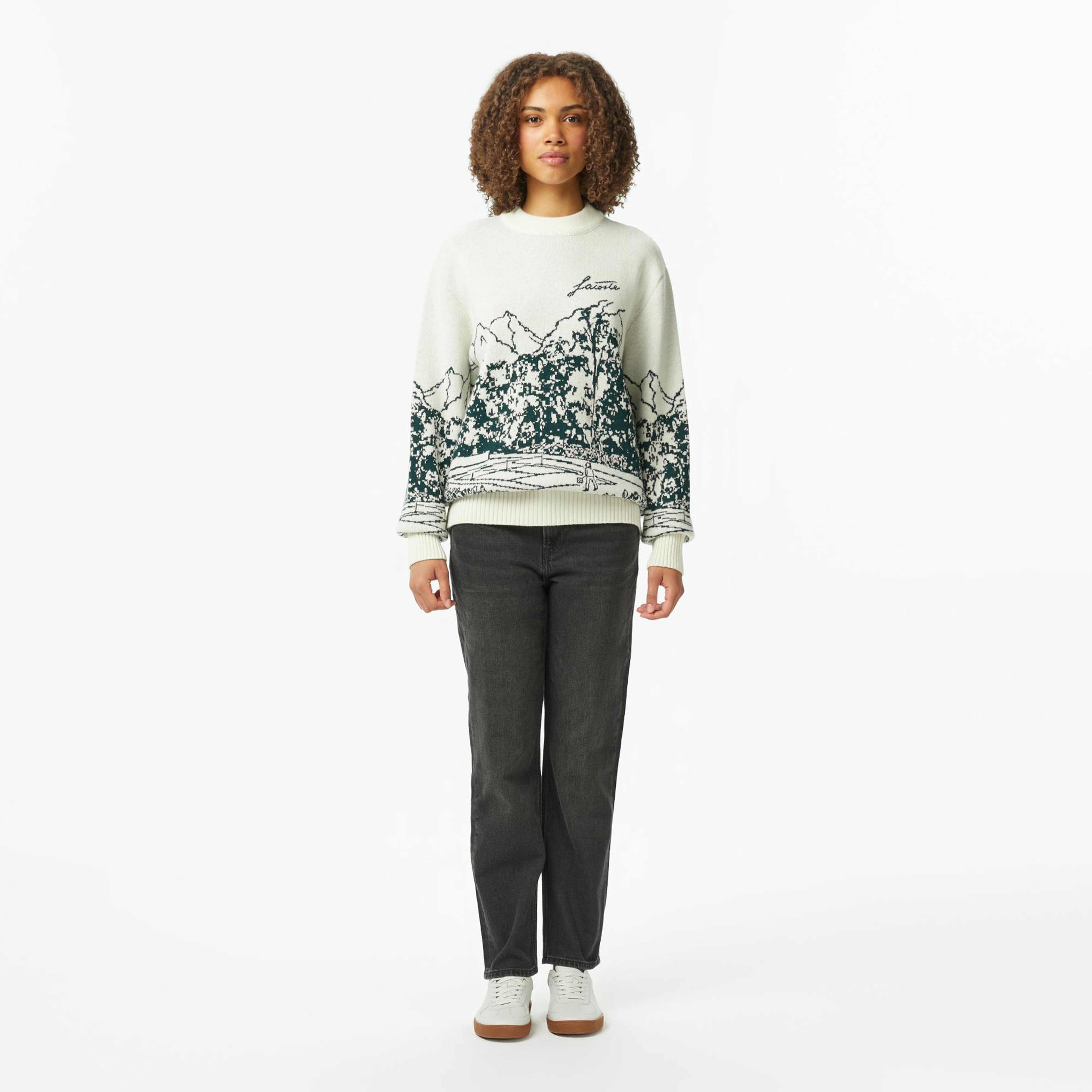 Lacoste Kadın Relaxed Fit Bisiklet Yaka Desenli Krem Kazak