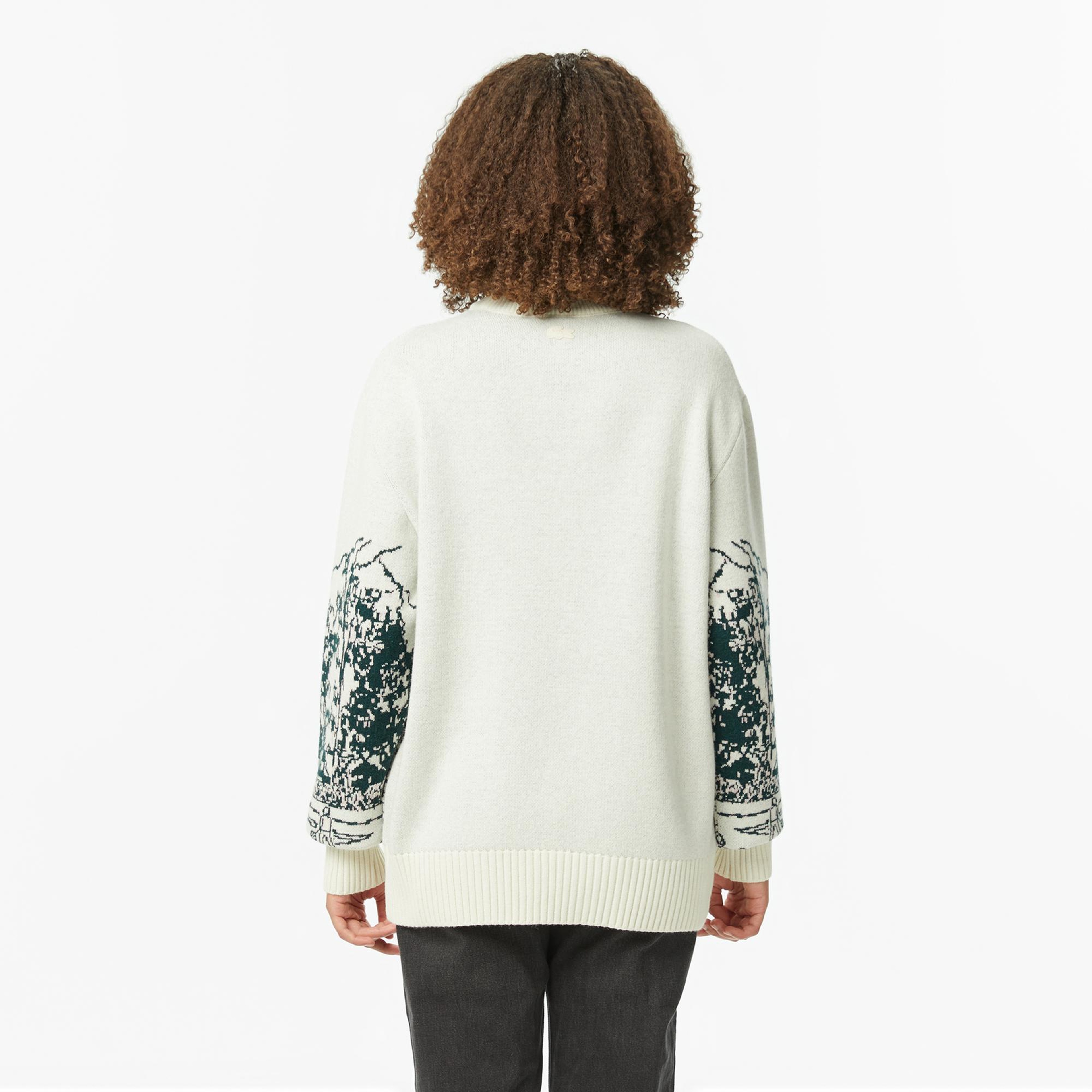 Lacoste Kadın Relaxed Fit Bisiklet Yaka Desenli Krem Kazak