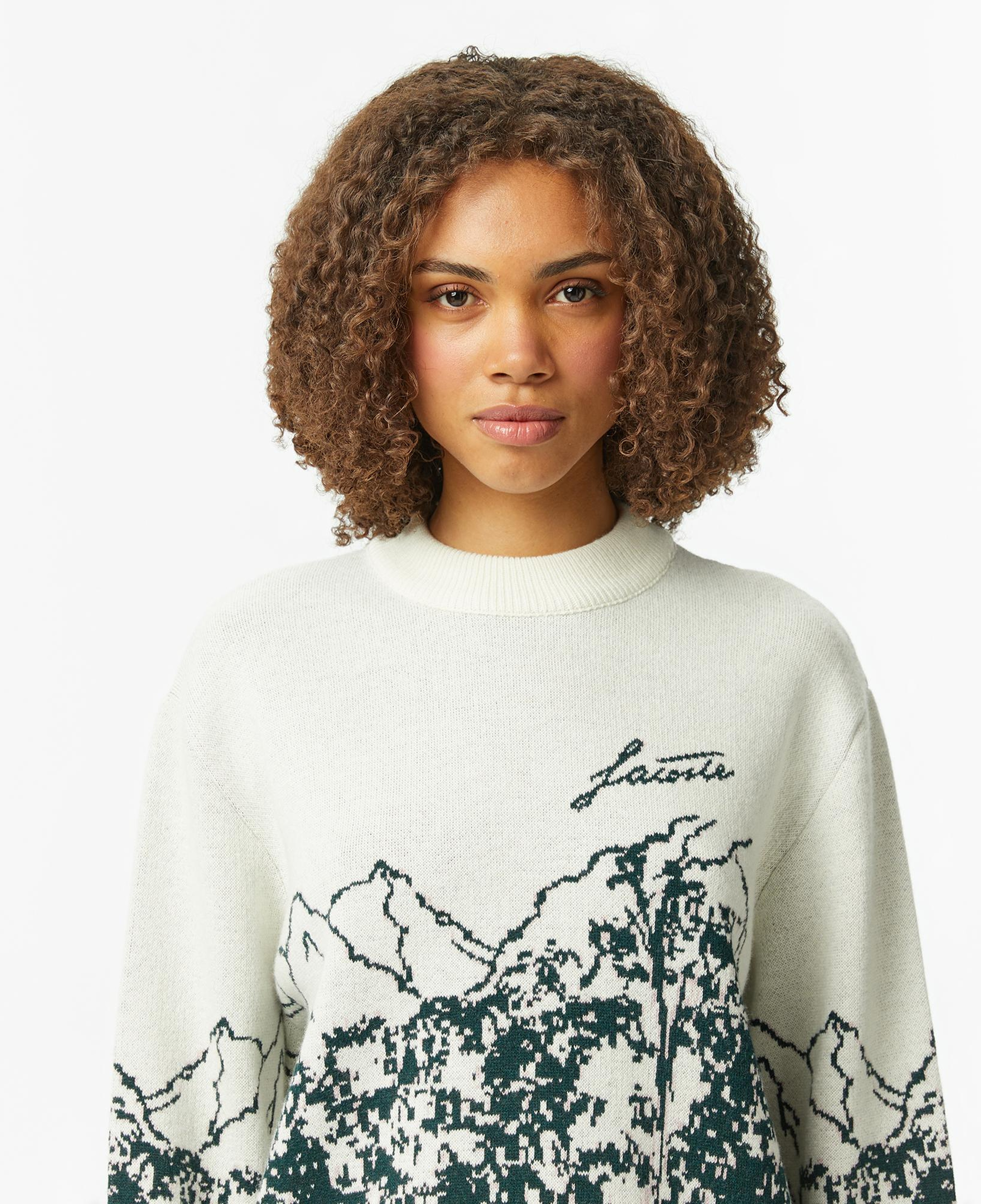 Lacoste Kadın Relaxed Fit Bisiklet Yaka Desenli Krem Kazak