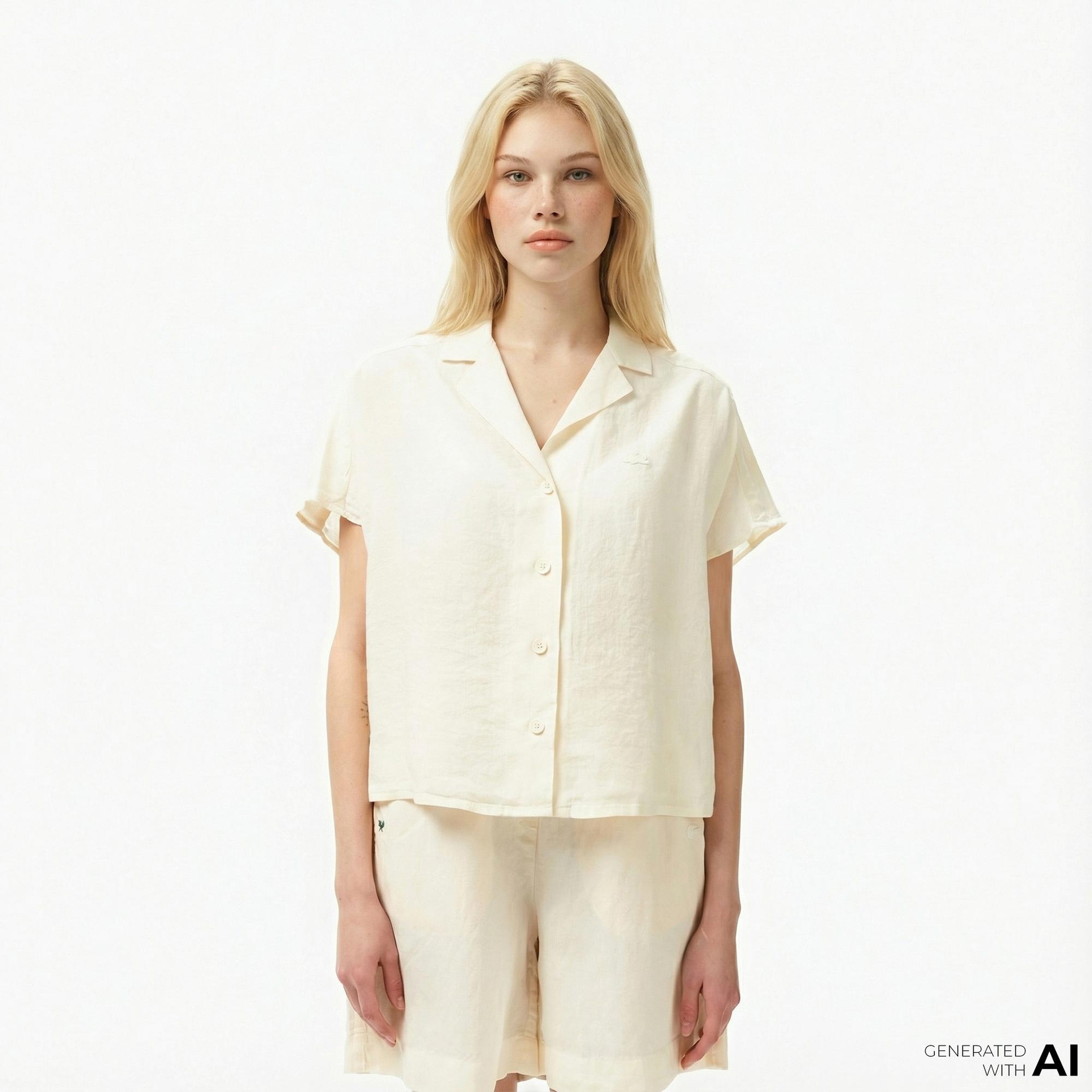 Lacoste Kadın Regular Fit Kısa Kollu Keten Beyaz Gömlek