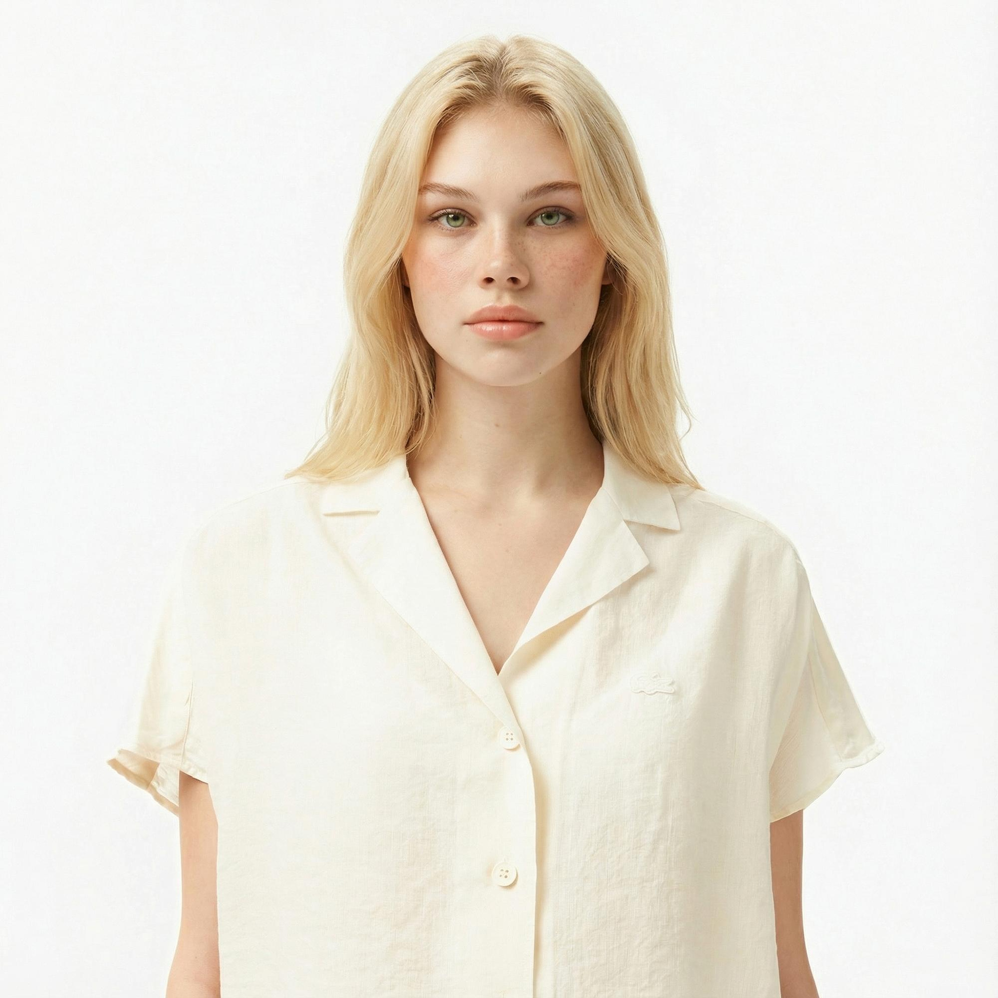 Lacoste Kadın Regular Fit Kısa Kollu Keten Beyaz Gömlek