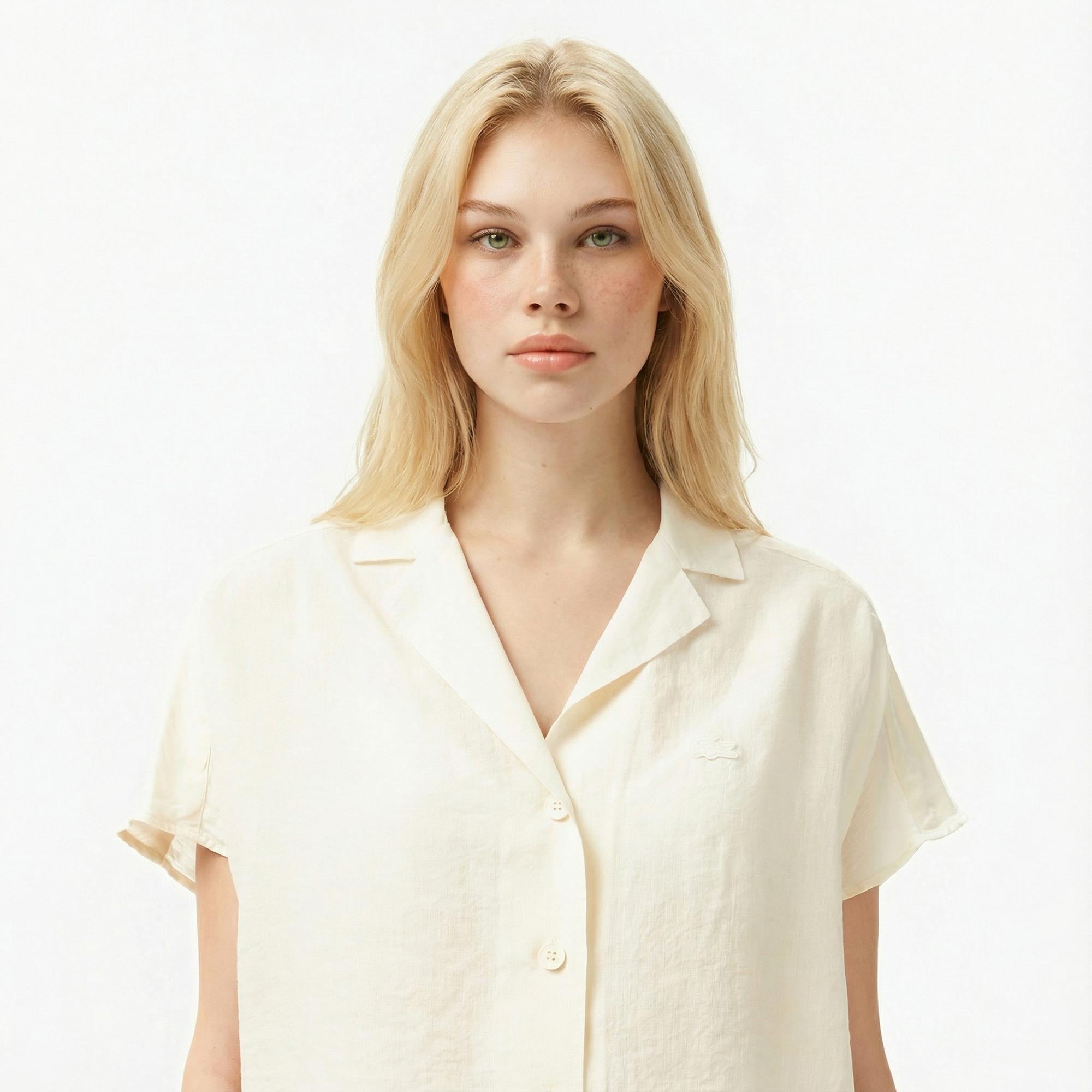 Lacoste Kadın Regular Fit Kısa Kollu Keten Beyaz Gömlek