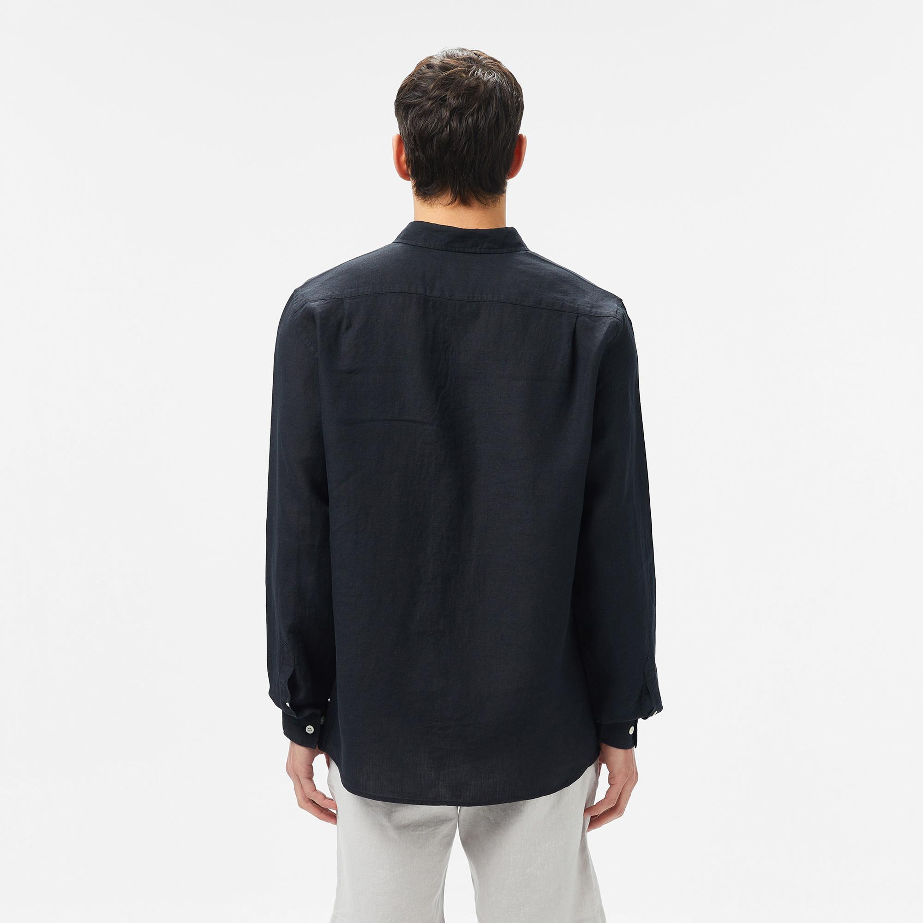 Lacoste Erkek Regular Fit Düğmeli Yaka Keten Siyah Gömlek