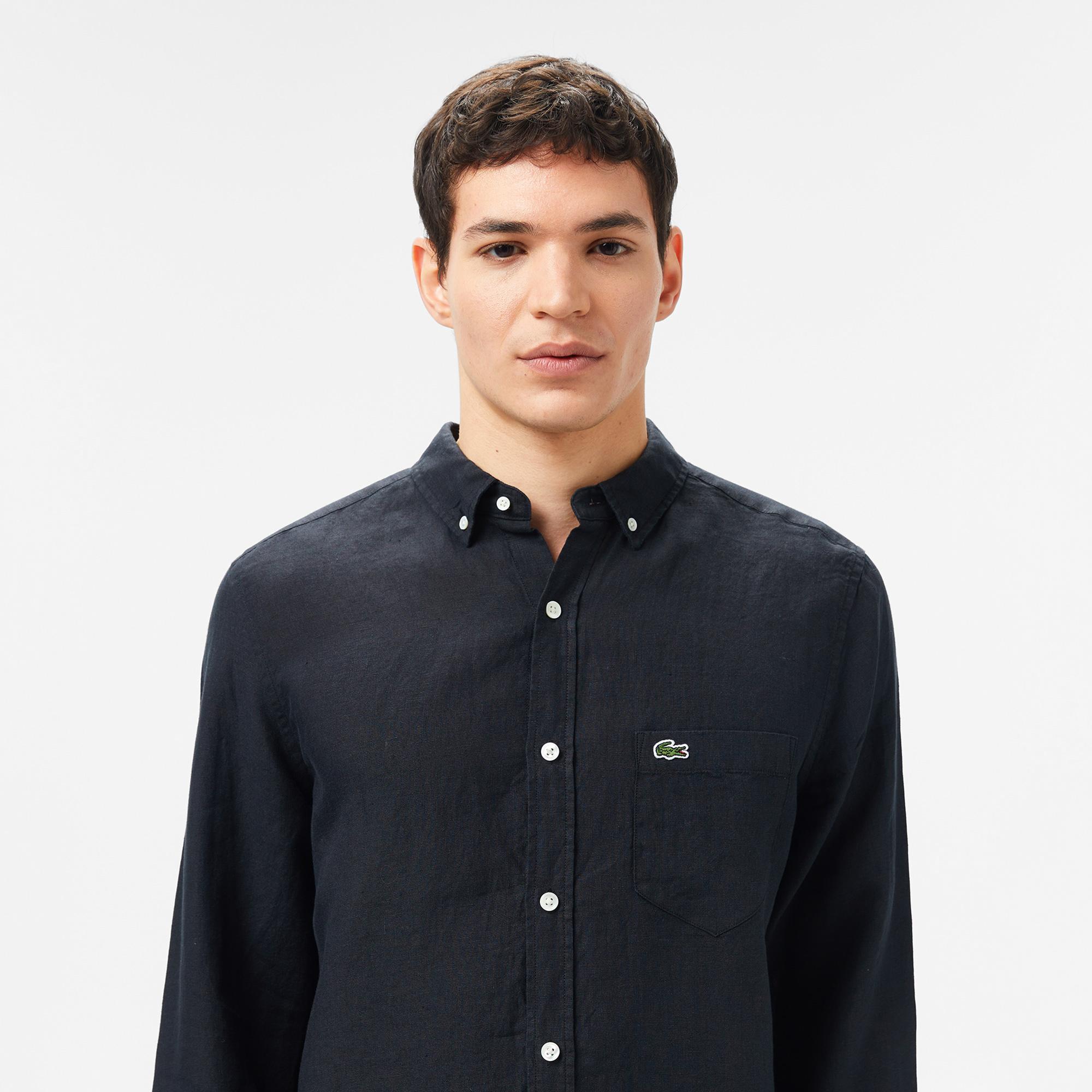 Lacoste Erkek Regular Fit Düğmeli Yaka Keten Siyah Gömlek