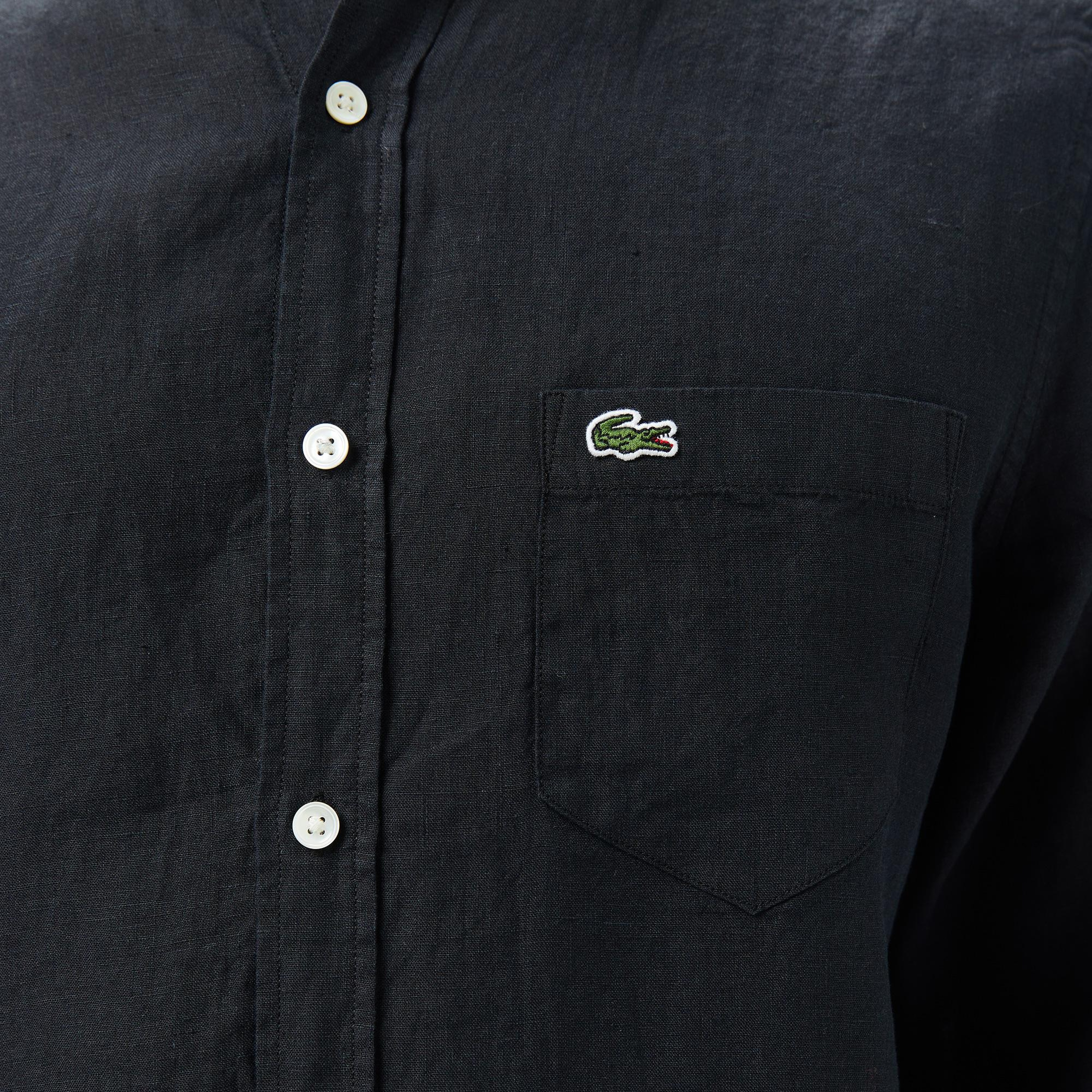 Lacoste Erkek Regular Fit Düğmeli Yaka Keten Siyah Gömlek