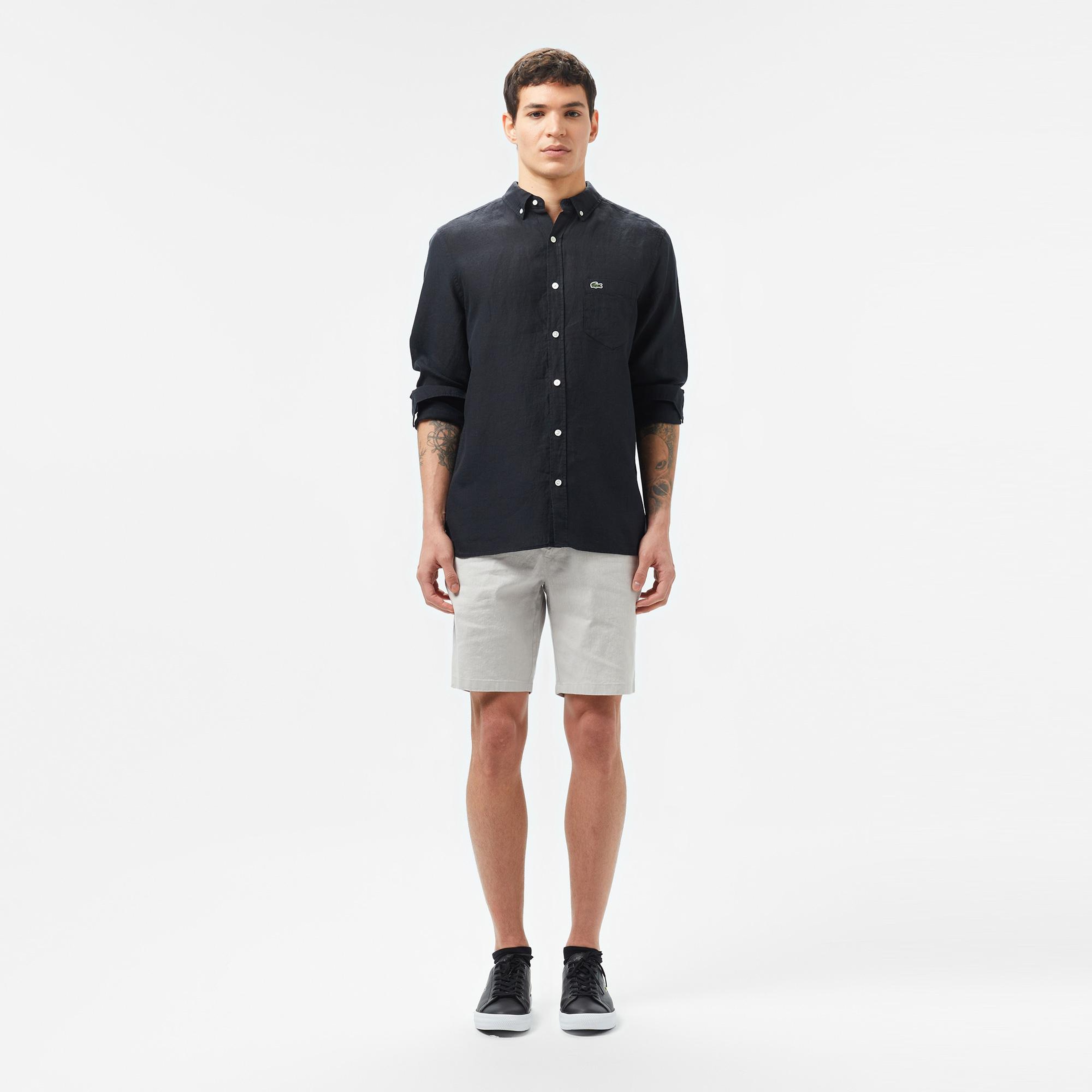 Lacoste Erkek Regular Fit Düğmeli Yaka Keten Siyah Gömlek