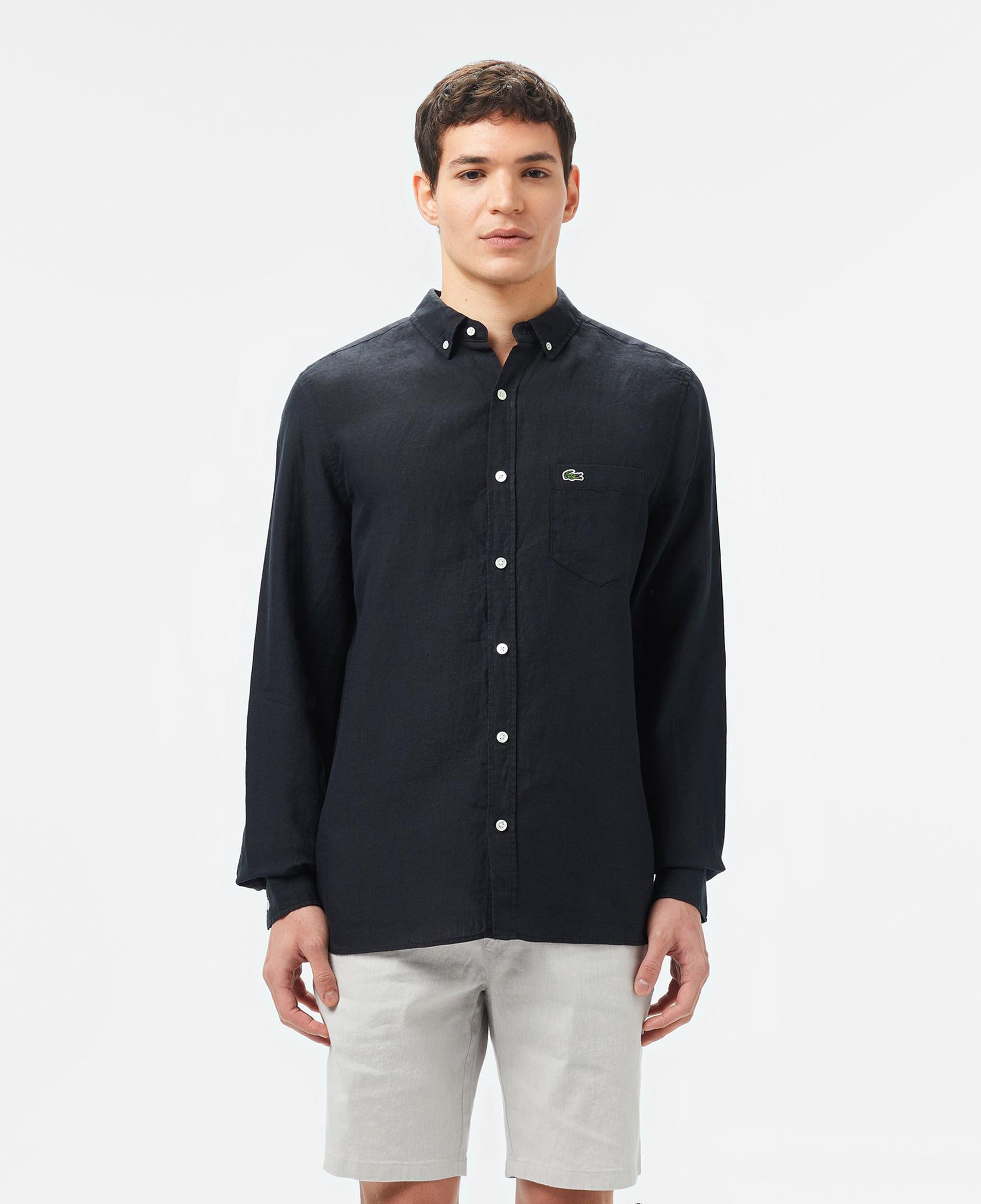 Lacoste Erkek Regular Fit Düğmeli Yaka Keten Siyah Gömlek