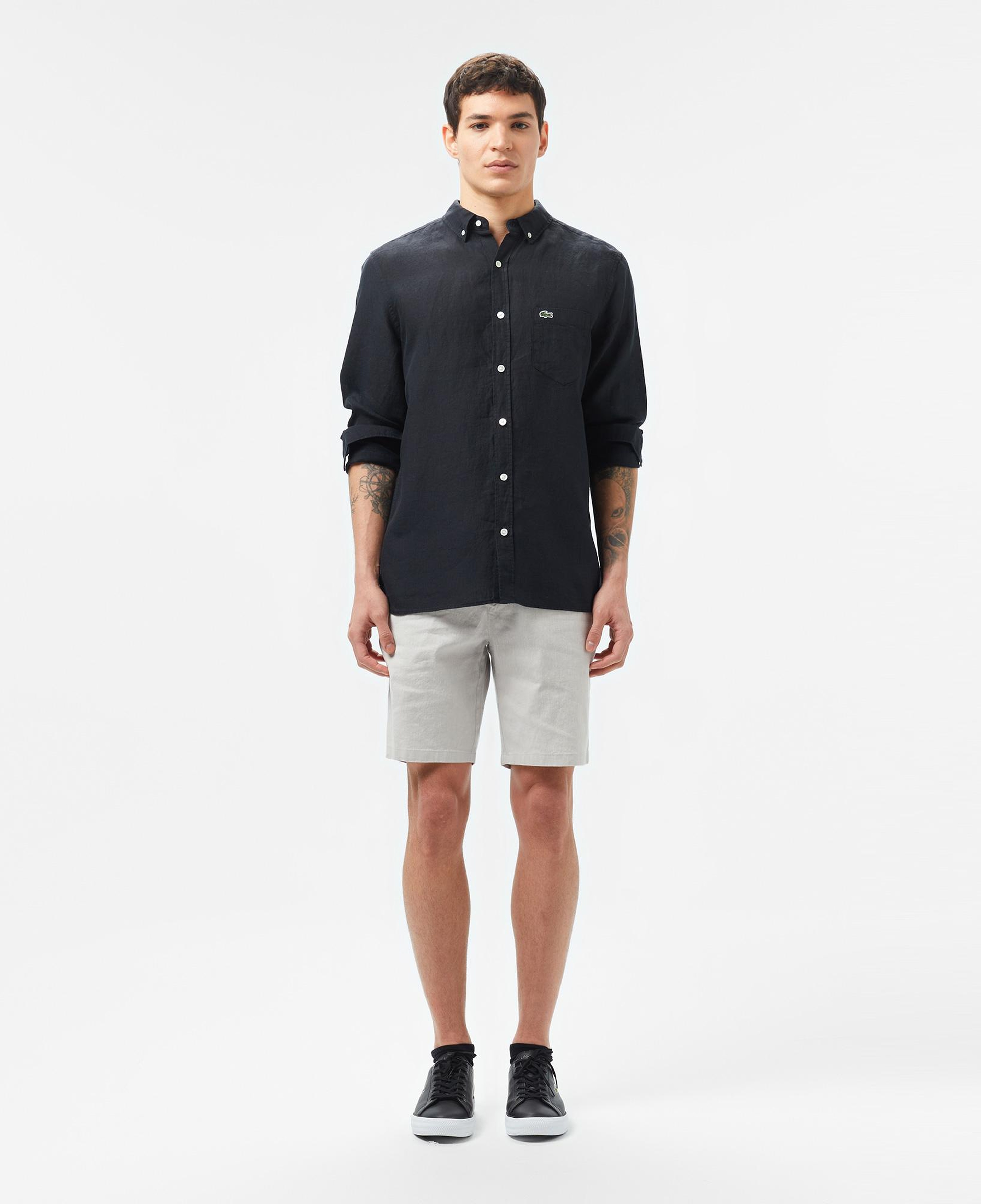 Lacoste Erkek Regular Fit Düğmeli Yaka Keten Siyah Gömlek