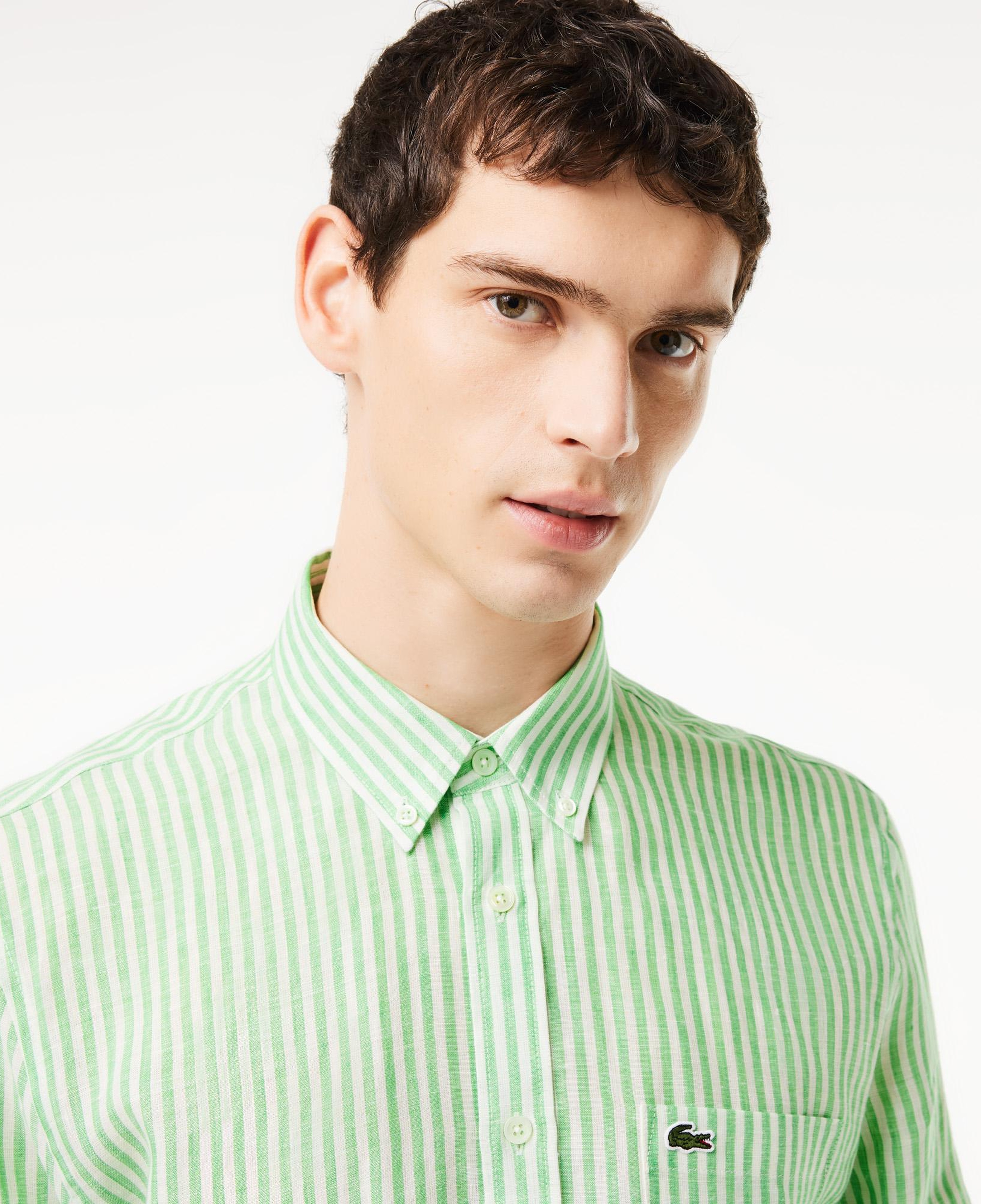 Lacoste Erkek Regular Fit Düğmeli Yaka Çizgili Keten Yeşil Gömlek
