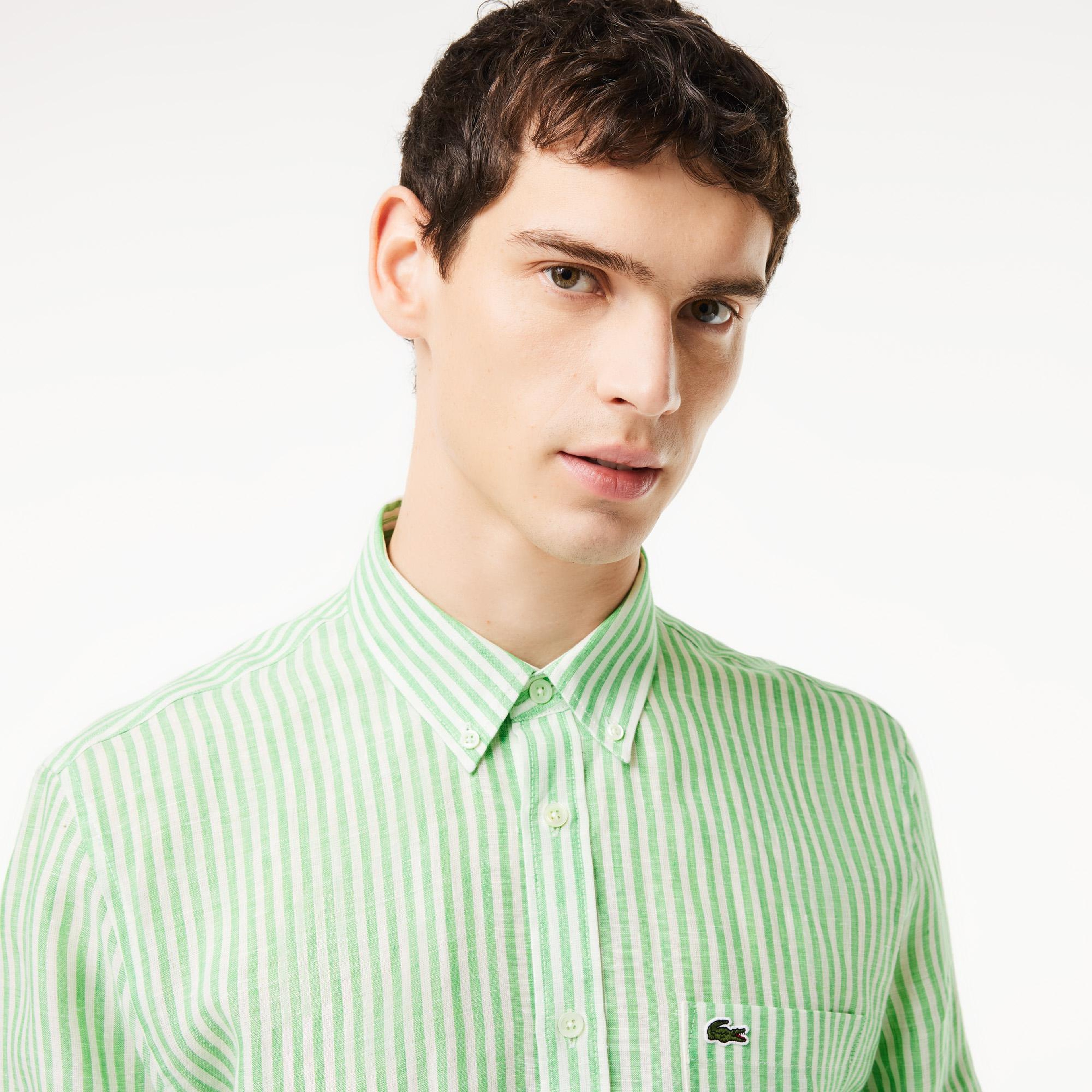 Lacoste Erkek Regular Fit Düğmeli Yaka Çizgili Keten Yeşil Gömlek