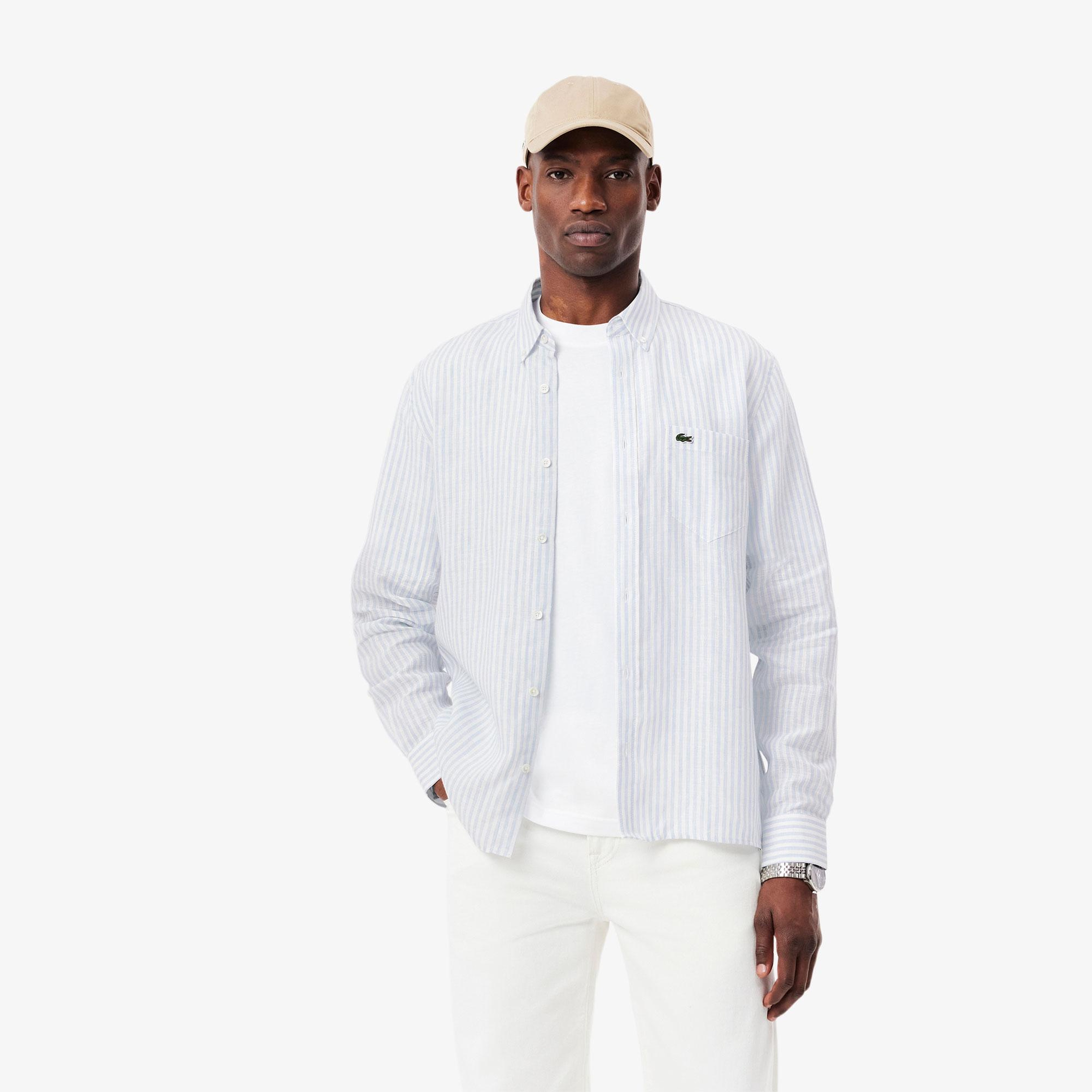 Lacoste Erkek Regular Fit Düğmeli Yaka Çizgili Keten Açık Mavi Gömlek
