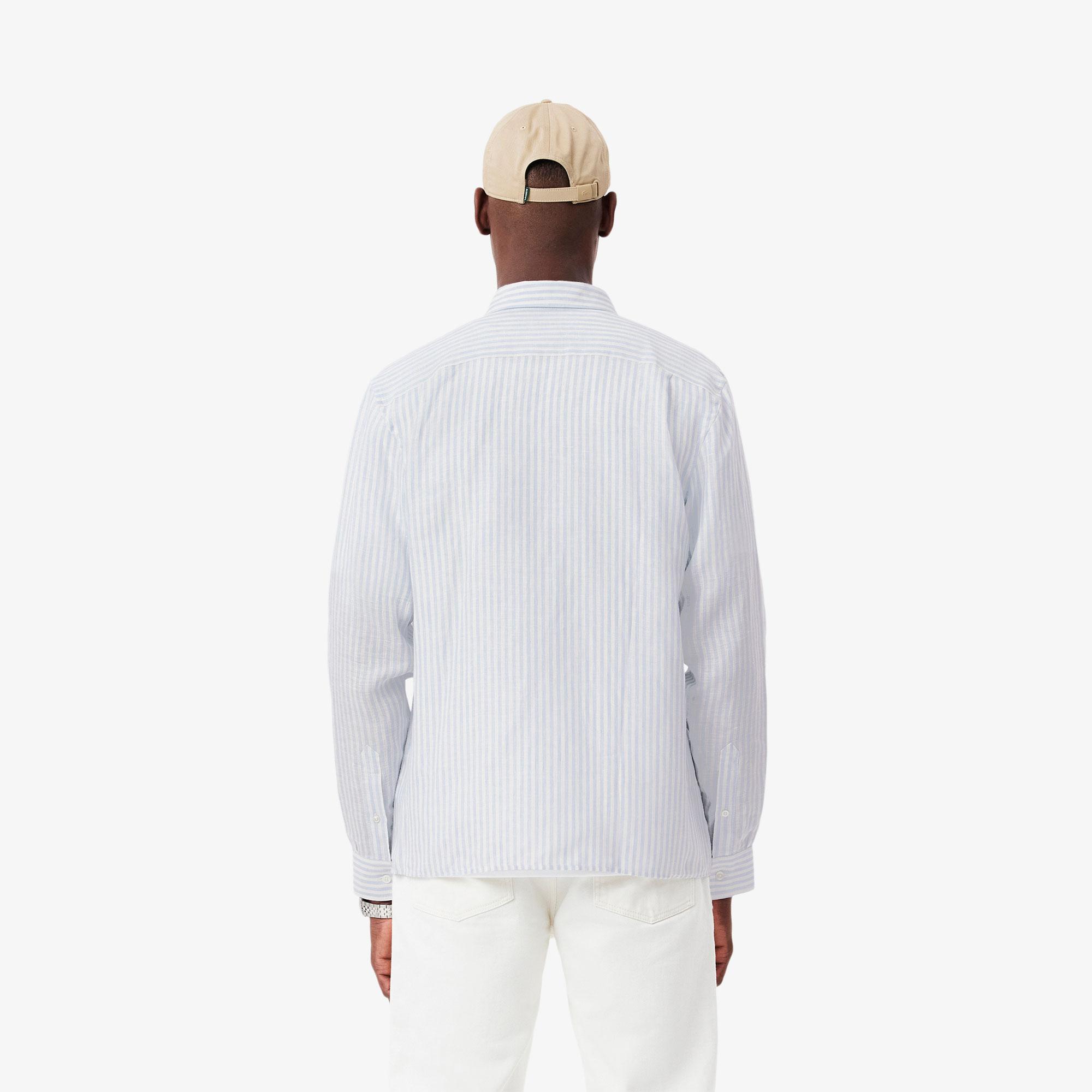 Lacoste Erkek Regular Fit Düğmeli Yaka Çizgili Keten Açık Mavi Gömlek