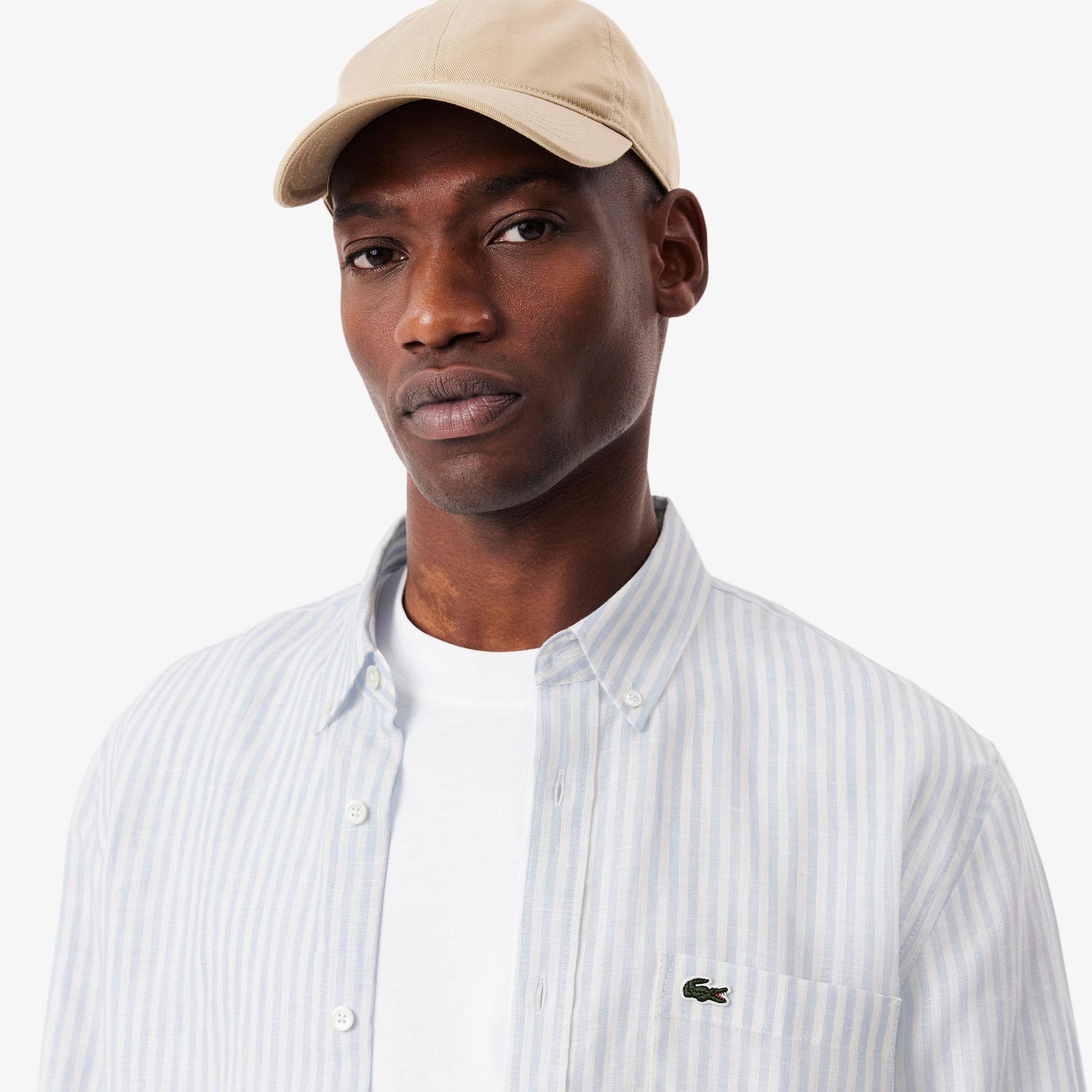 Lacoste Erkek Regular Fit Düğmeli Yaka Çizgili Keten Açık Mavi Gömlek