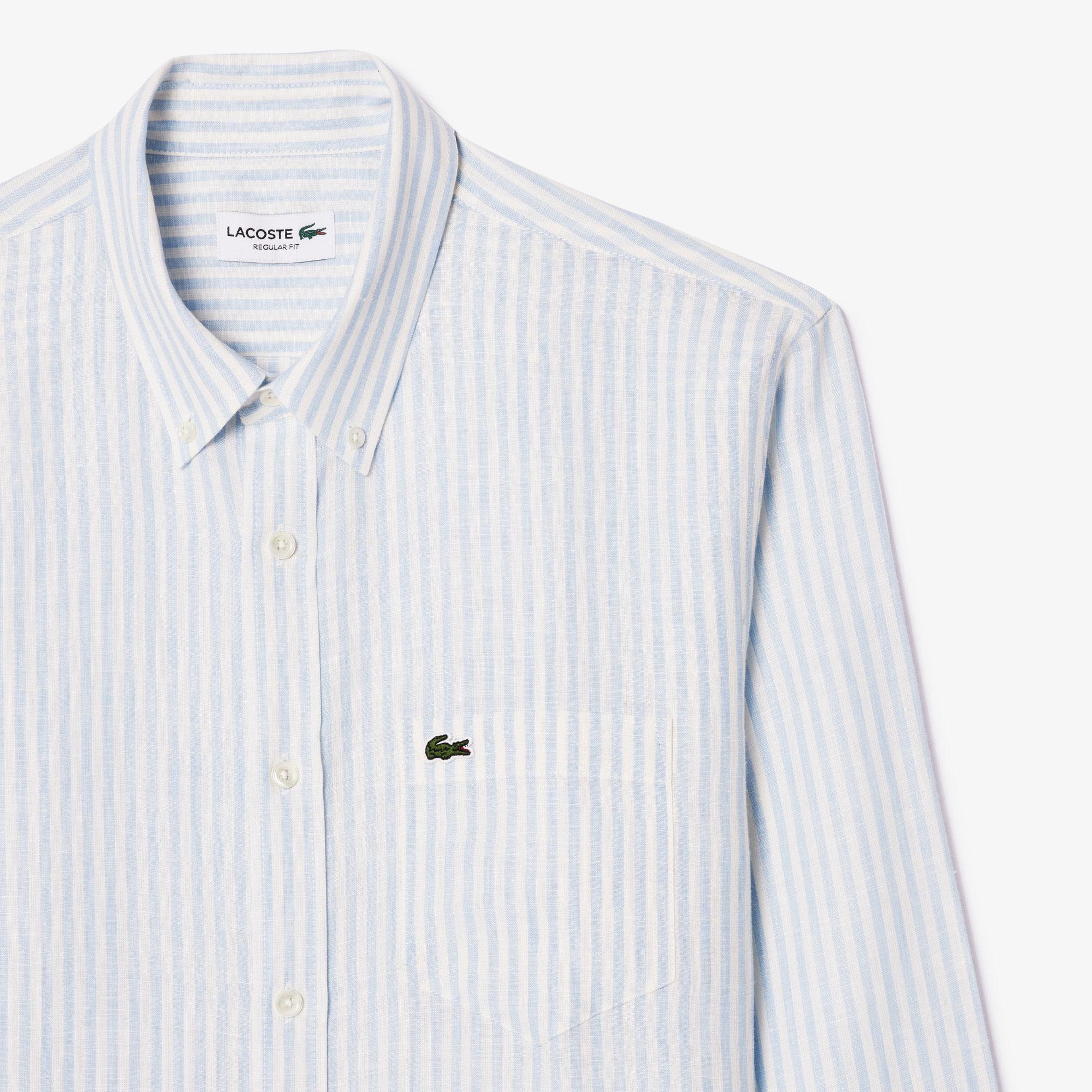 Lacoste Erkek Regular Fit Düğmeli Yaka Çizgili Keten Açık Mavi Gömlek