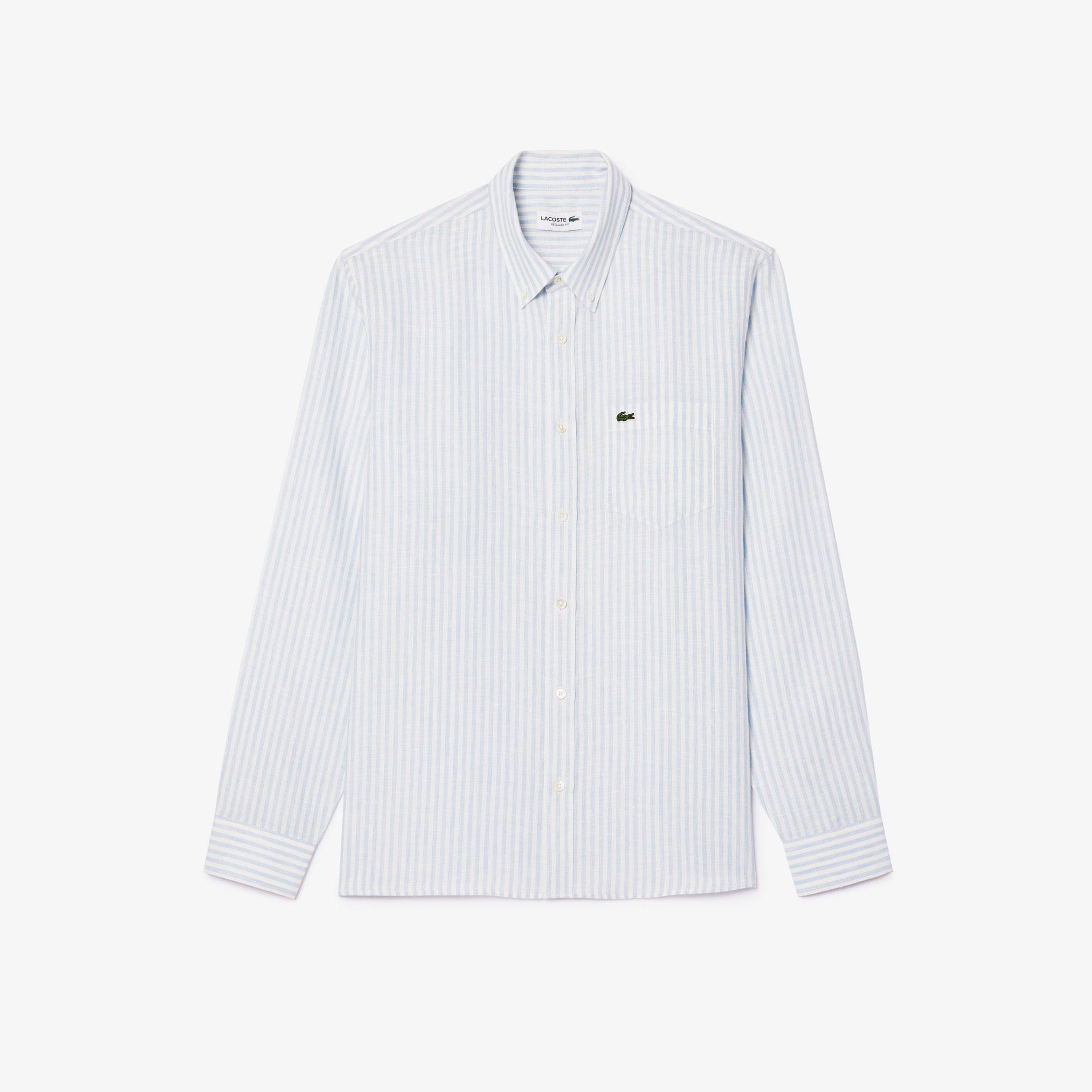 Lacoste Erkek Regular Fit Düğmeli Yaka Çizgili Keten Açık Mavi Gömlek