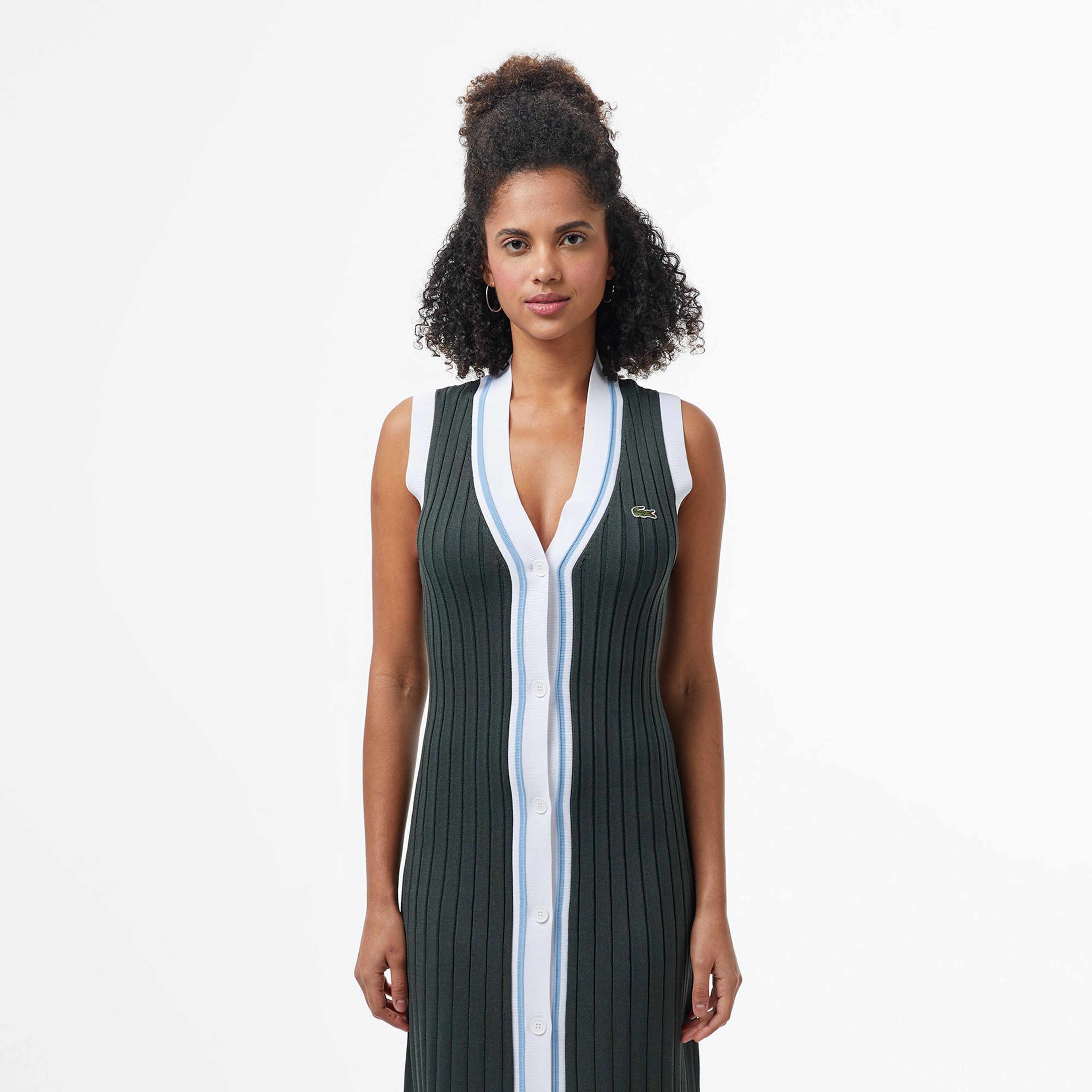Lacoste Kadın Flare Fit Kolsuz V Yaka Renk Bloklu Koyu Yeşil Elbise