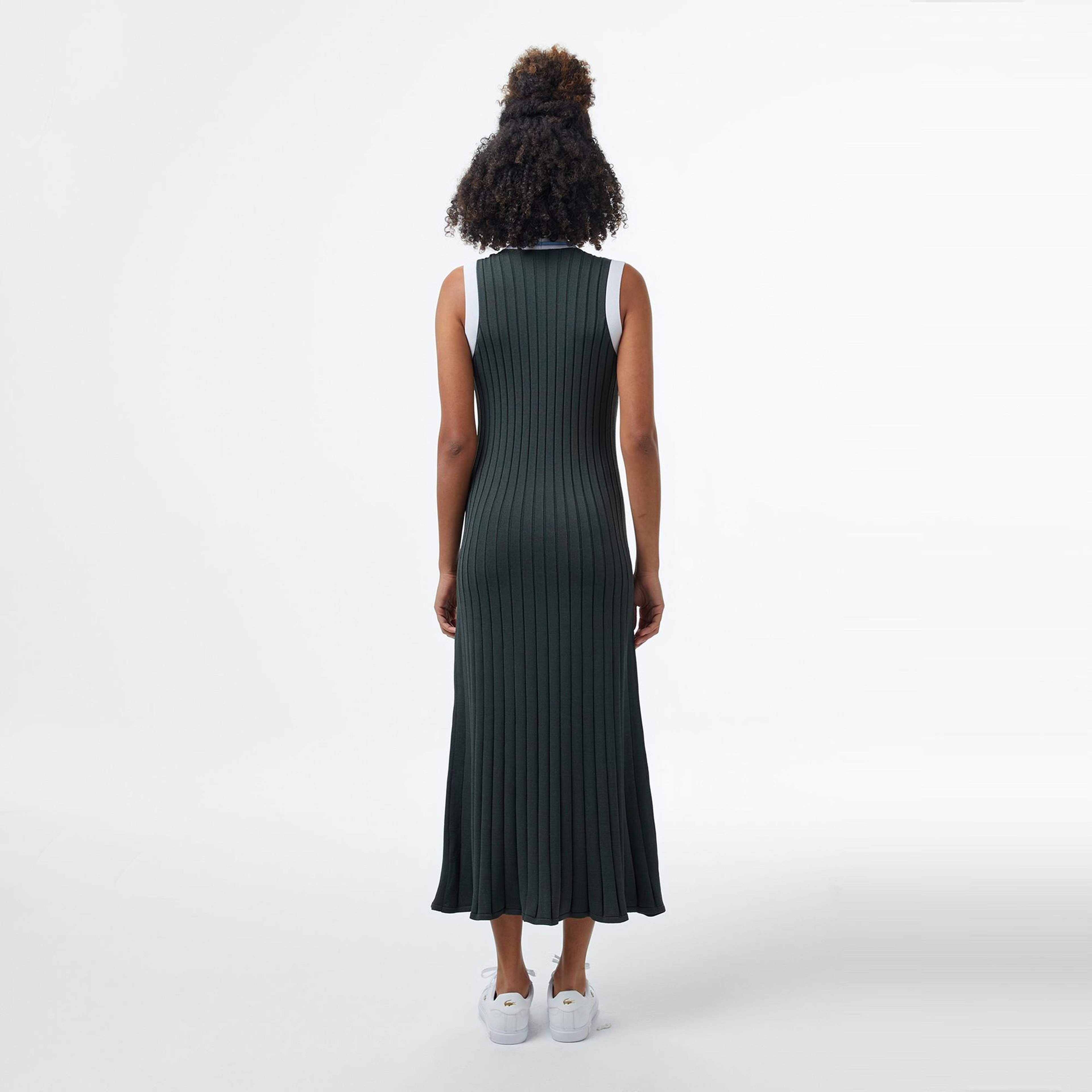 Lacoste Kadın Flare Fit Kolsuz V Yaka Renk Bloklu Koyu Yeşil Elbise