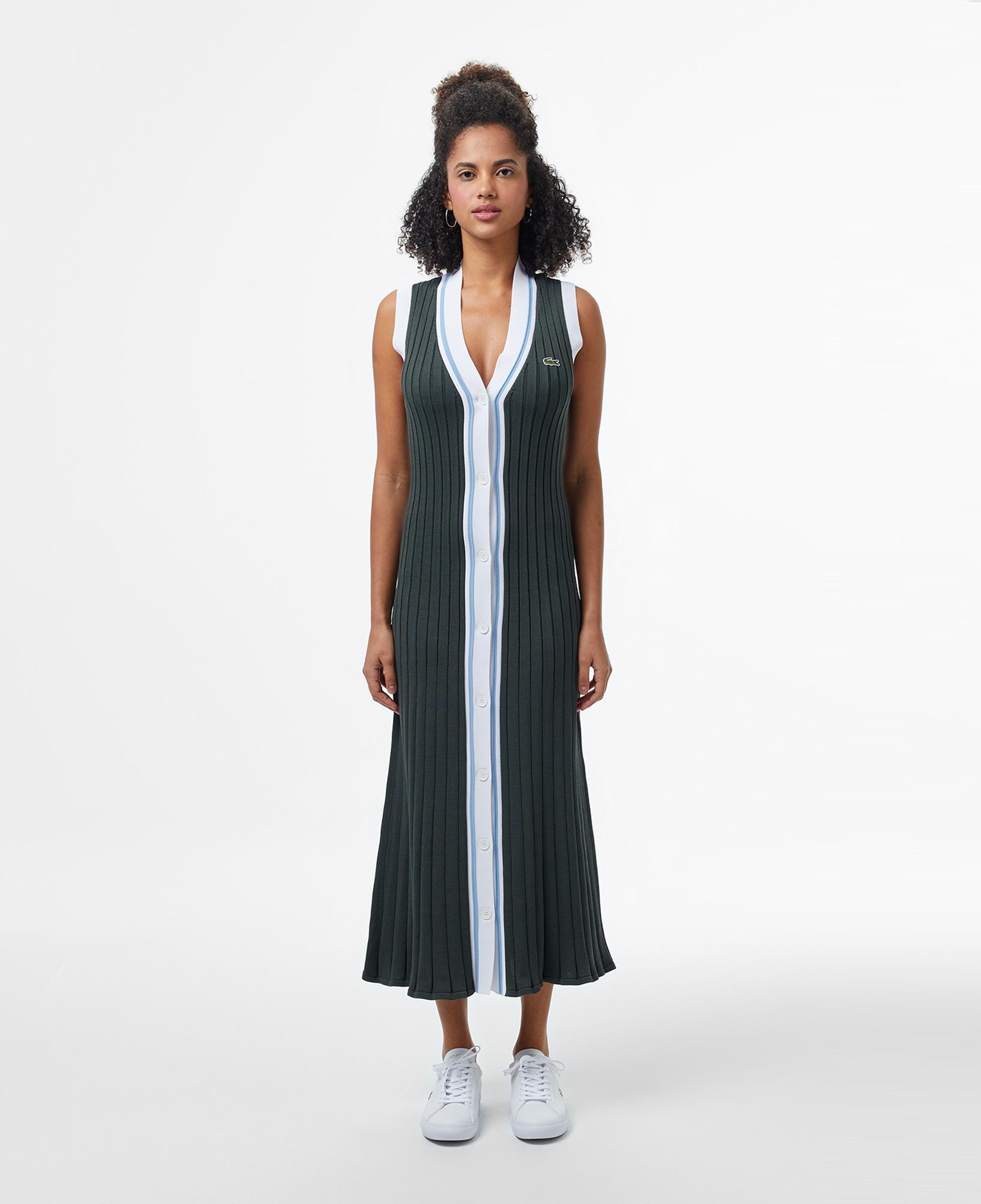 Lacoste Kadın Flare Fit Kolsuz V Yaka Renk Bloklu Koyu Yeşil Elbise