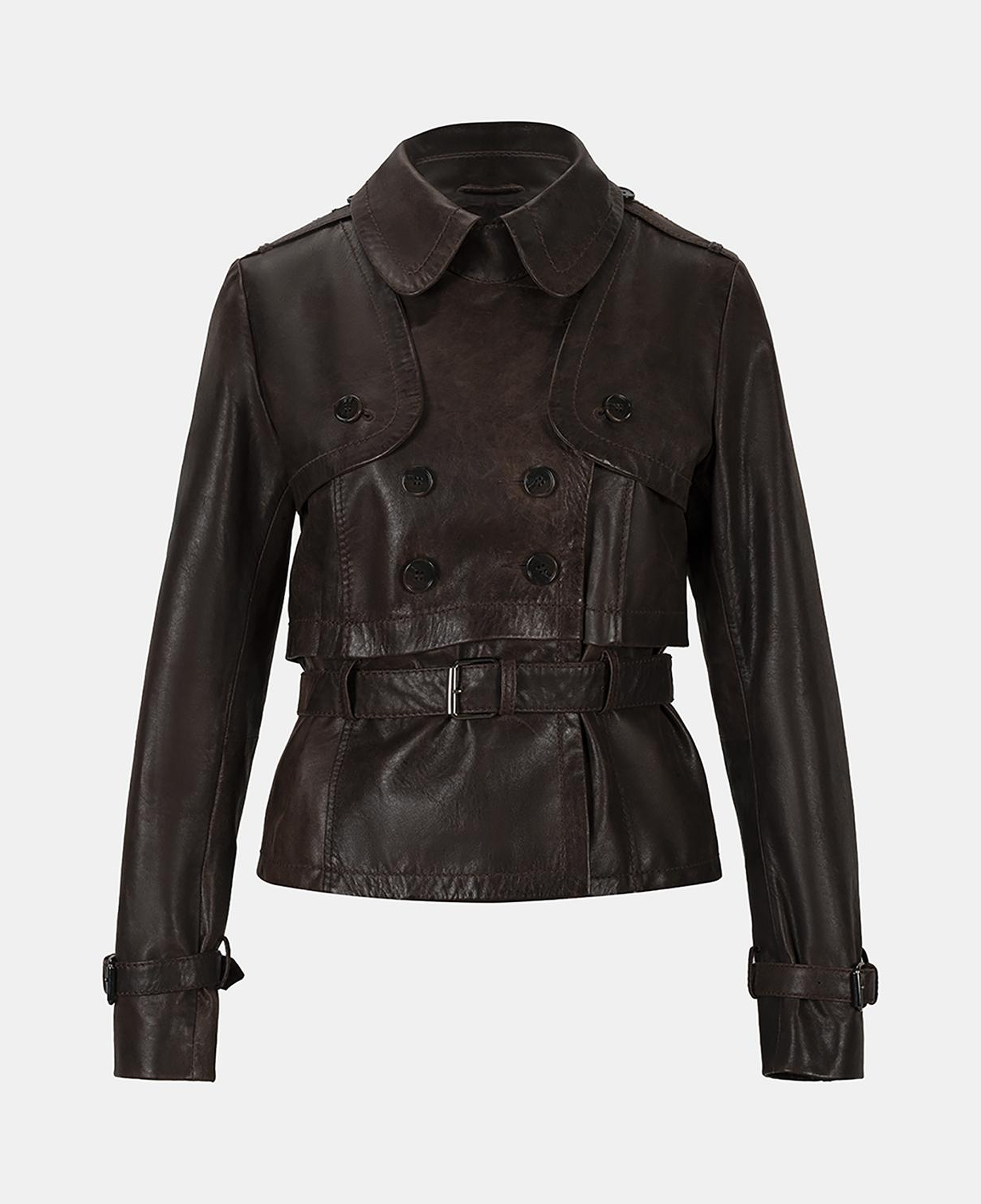 DESA Kadın Kahve Yakalı Deri Kısa Trençkot