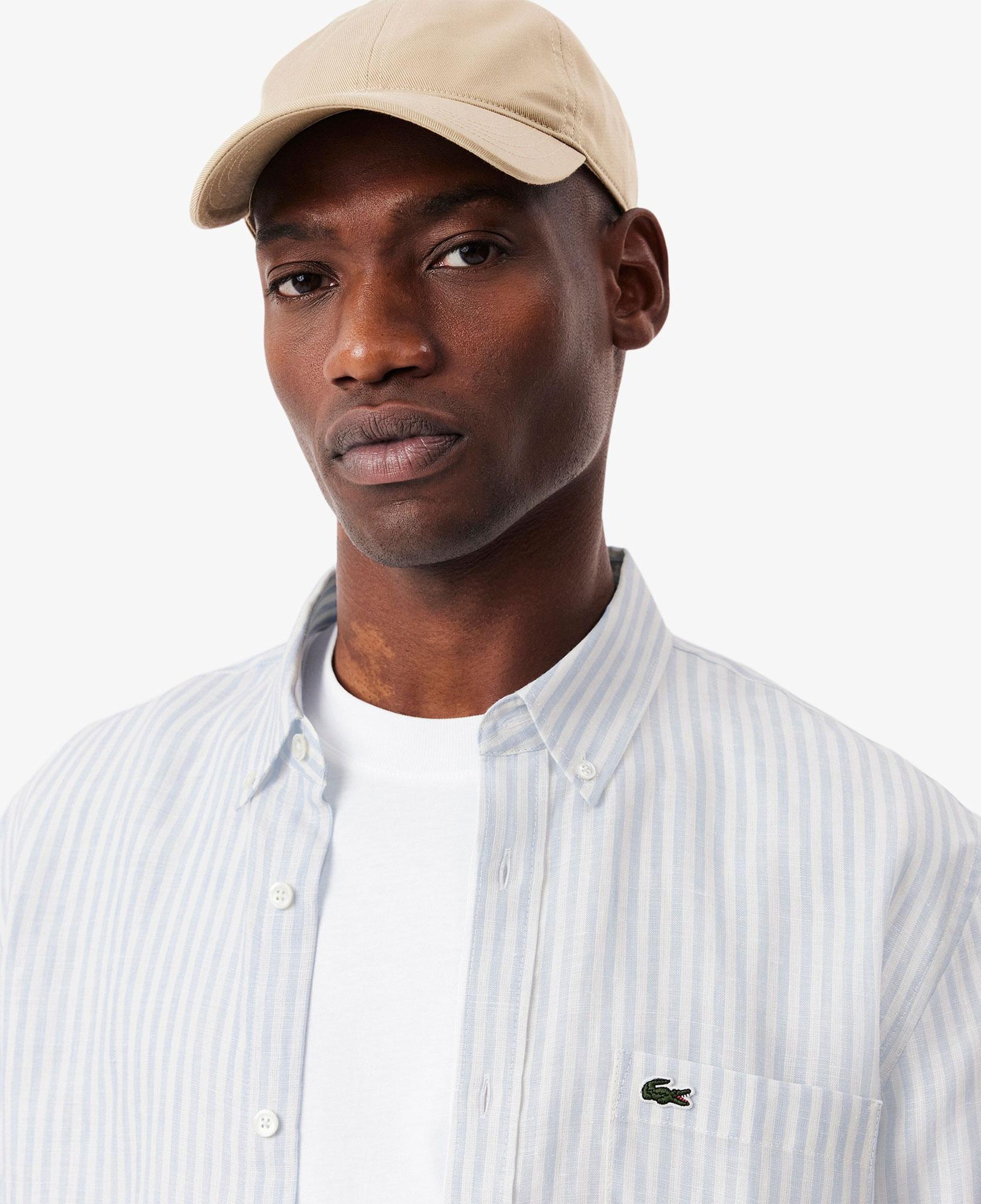 Lacoste Erkek Regular Fit Düğmeli Yaka Çizgili Keten Açık Mavi Gömlek