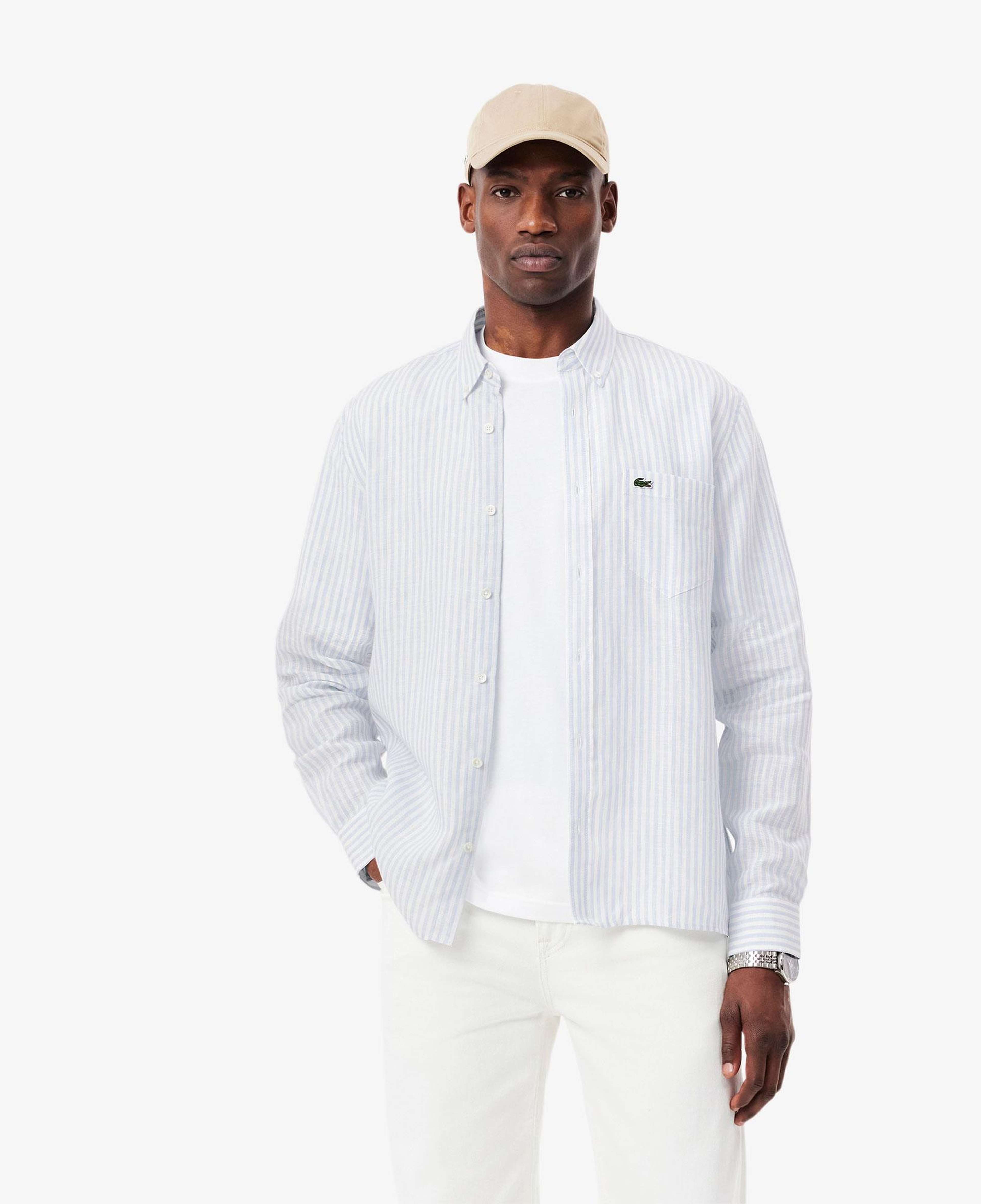 Lacoste Erkek Regular Fit Düğmeli Yaka Çizgili Keten Açık Mavi Gömlek