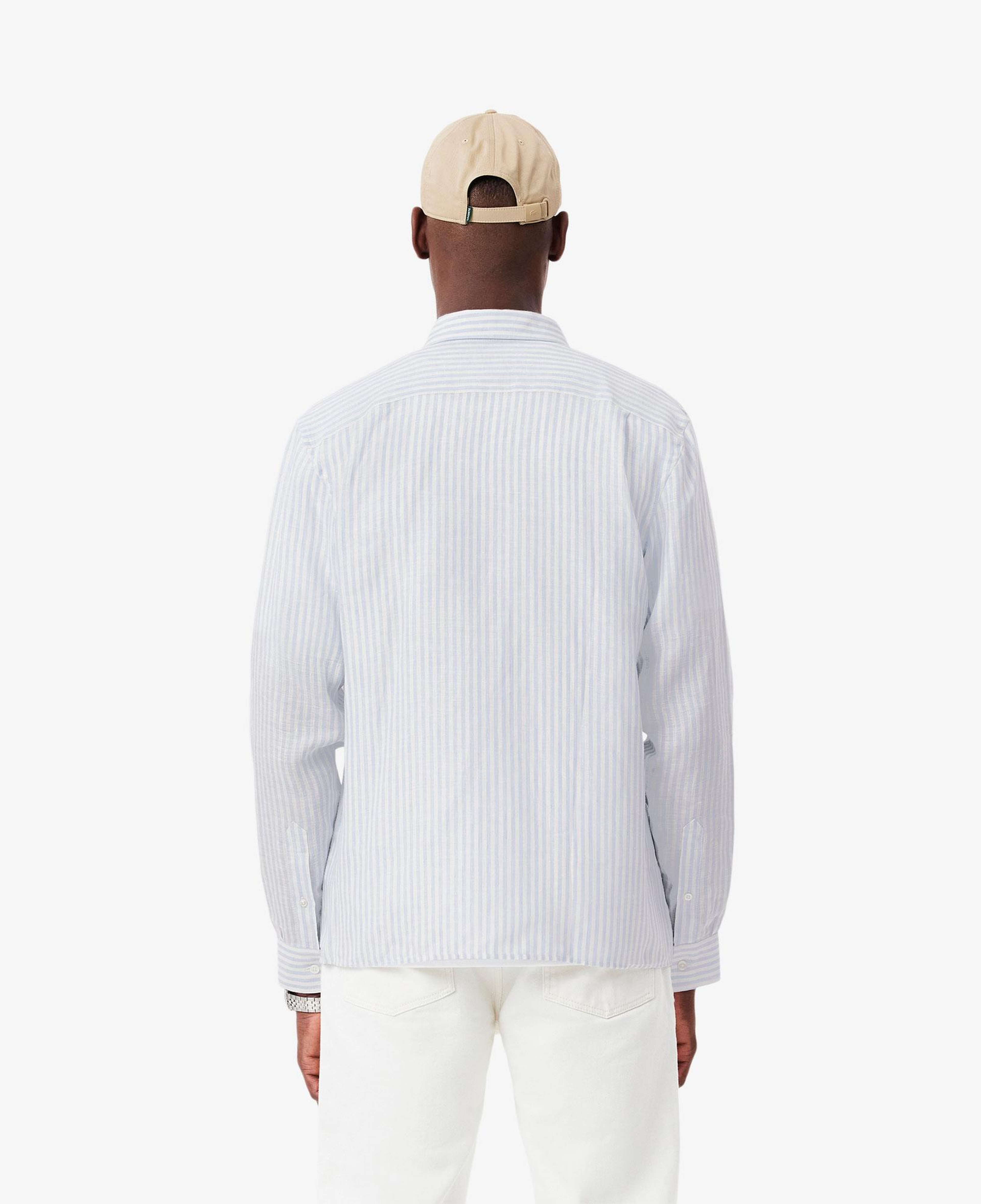 Lacoste Erkek Regular Fit Düğmeli Yaka Çizgili Keten Açık Mavi Gömlek